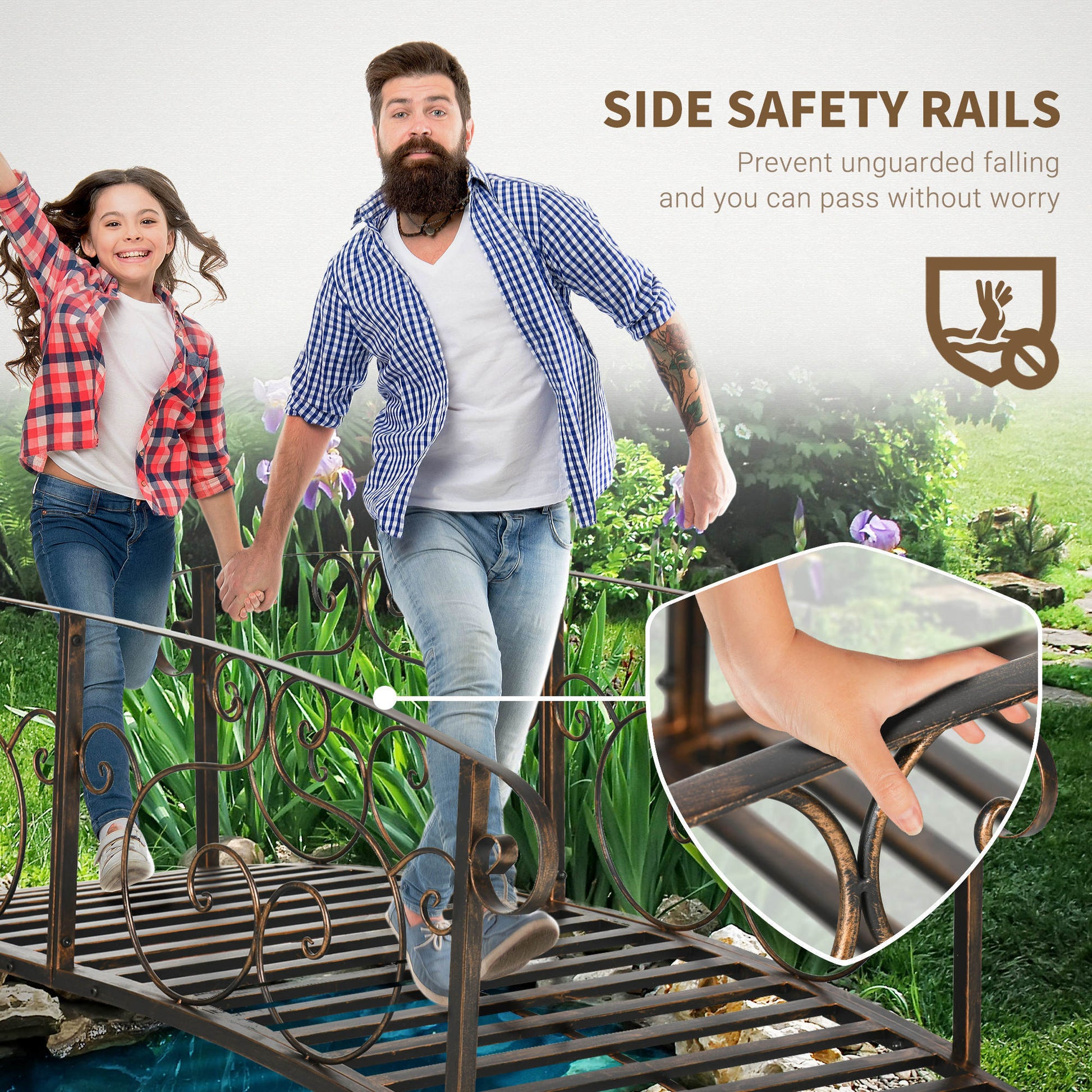 Outsunny 6' Metal Arch Backyard Garden Bridge, Safety Siderails, Arc Footbridge For Backyard Creek, Stream, Pond, Bronze Bronze Steel