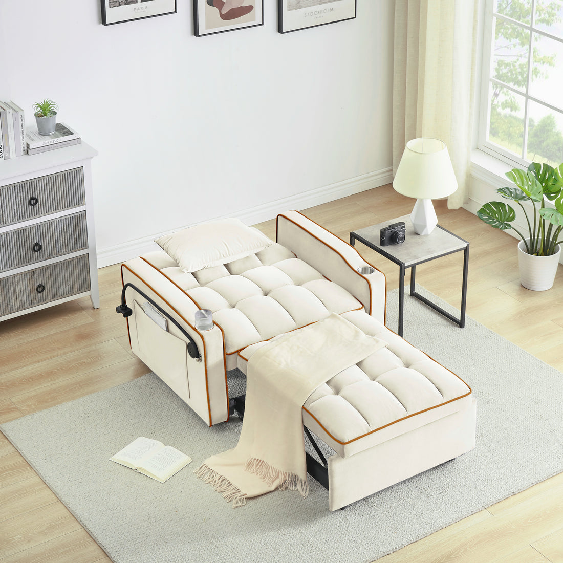 1 Versatile Foldable Sofa Bed In 3 Lengths, Modern Sofa Sofa Sofa Velvet Pull Out Bed, Adjustable Back And With Usb Port And Ashtray And Swivel Phone Stand Creamy White Creamy White Light Brown Velvet Wood Primary Living Space Cushion Back Light Duty