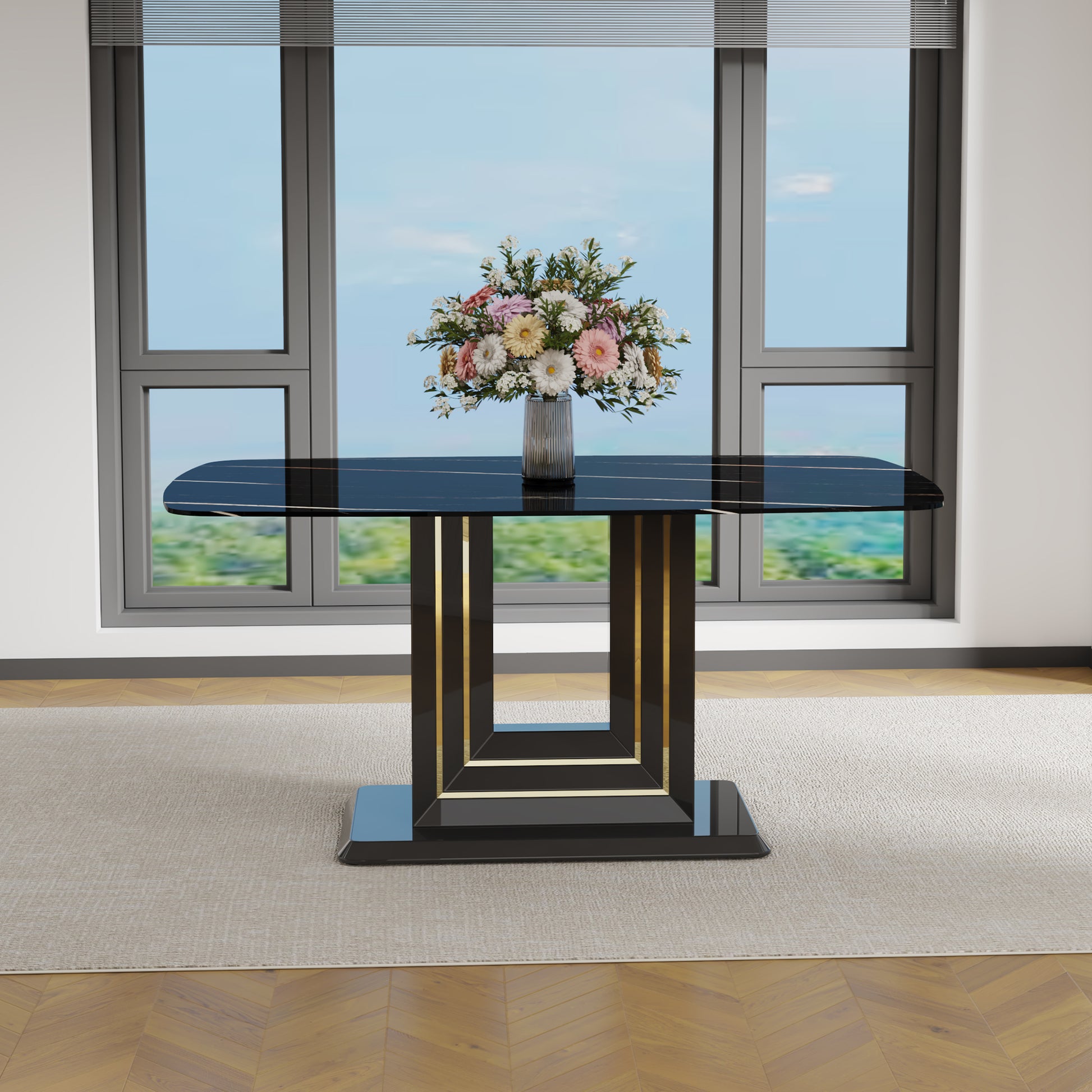 Rectangular 63" Marble Dining Table, Luxurious Dining Room Table With Faux Marble Top And U Shape Mdf Base, Modern Kitchen Dining Table For Kitchen Living Dining Room Black Luxury,Modern Mdf Glass