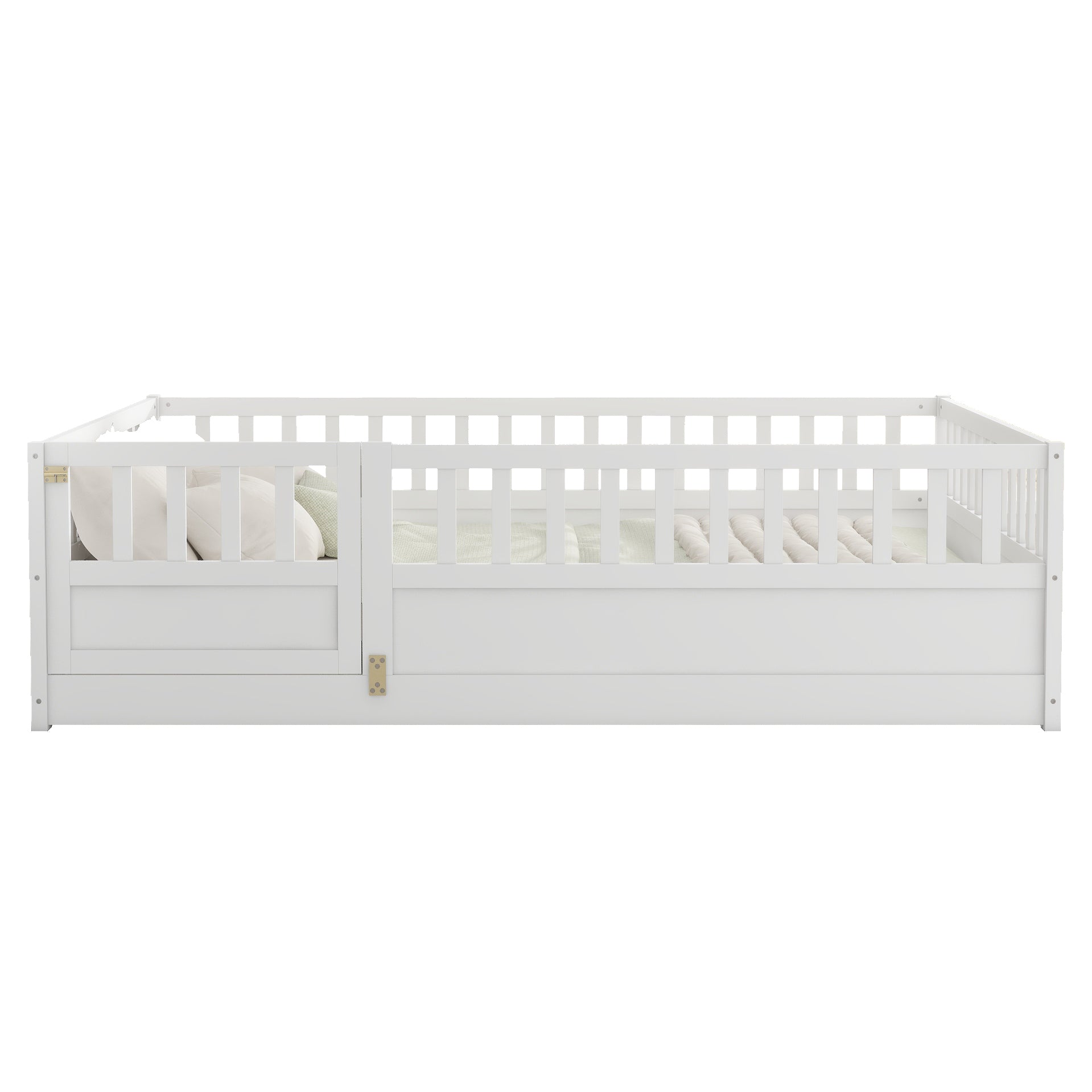 Full Size Floor Bed, Integral Construction With Super High Security Barrier, Door, Children'S Floor Bed Frame, Montessori Wooden Children'S Floor Bed, Support Slat White Box Spring Required Full