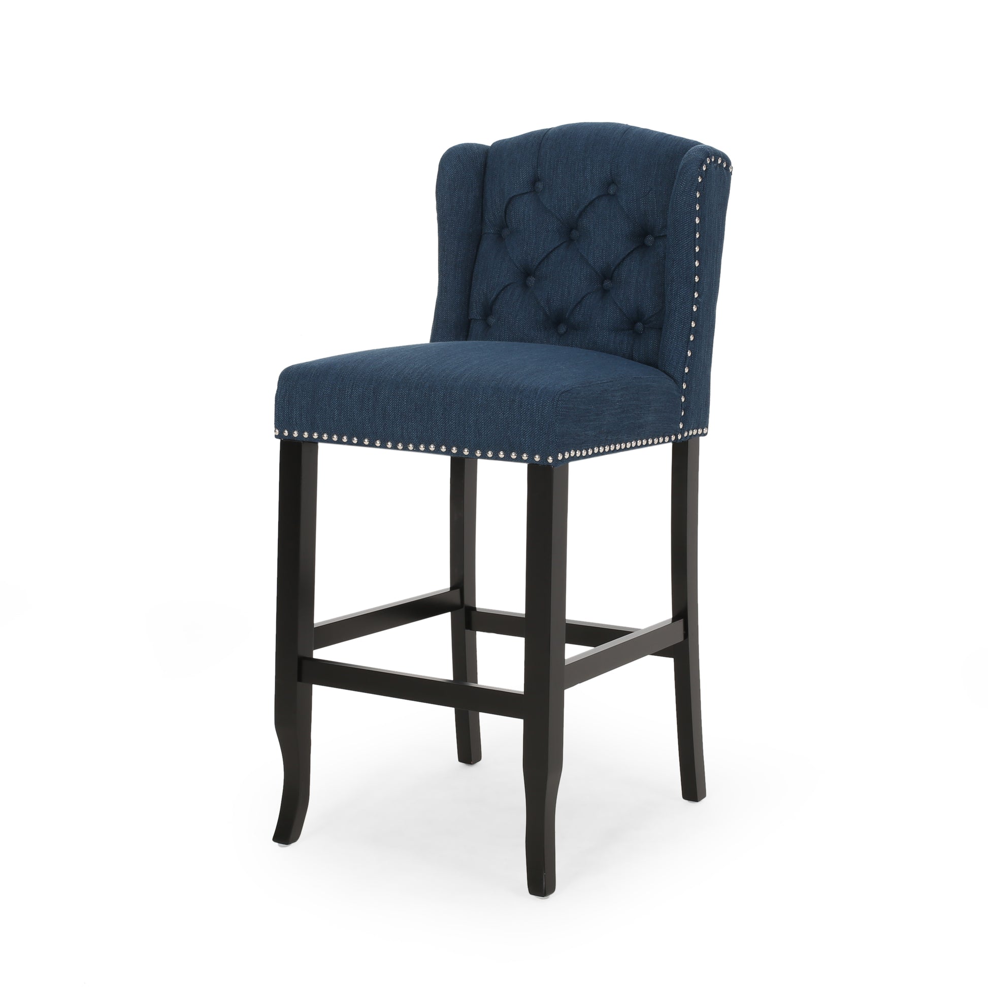 Vienna Contemporary Fabric Tufted Wingback 31 Inch Counter Stools, Set Of 2, Navy Blue And Dark Brown Navy Blue Fabric