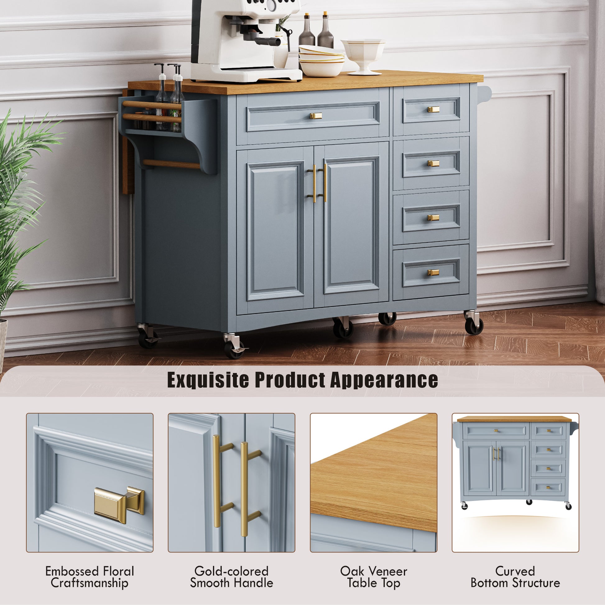 K&K 52'' Kitchen Island With Drop Leaf, Embossed Texture Kitchen Island On Wheels With Spice Rack, Towel Rack, 2 Doors And 5 Drawers, Kitchen Storage Cart With Adjustable Shelf For Kitchen, Blue