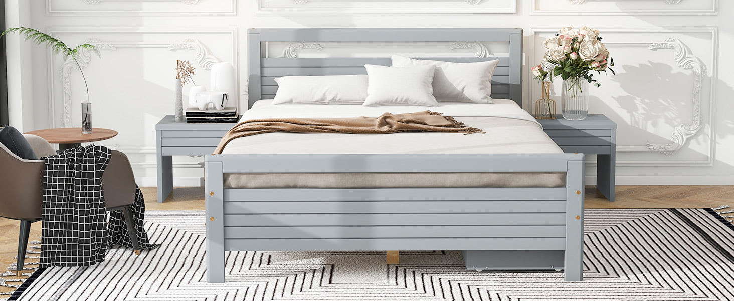 Full Size Wooden Platform Bed With 2 Storage Drawers And 2 Bedside Tables, Gray Full Gray Pine