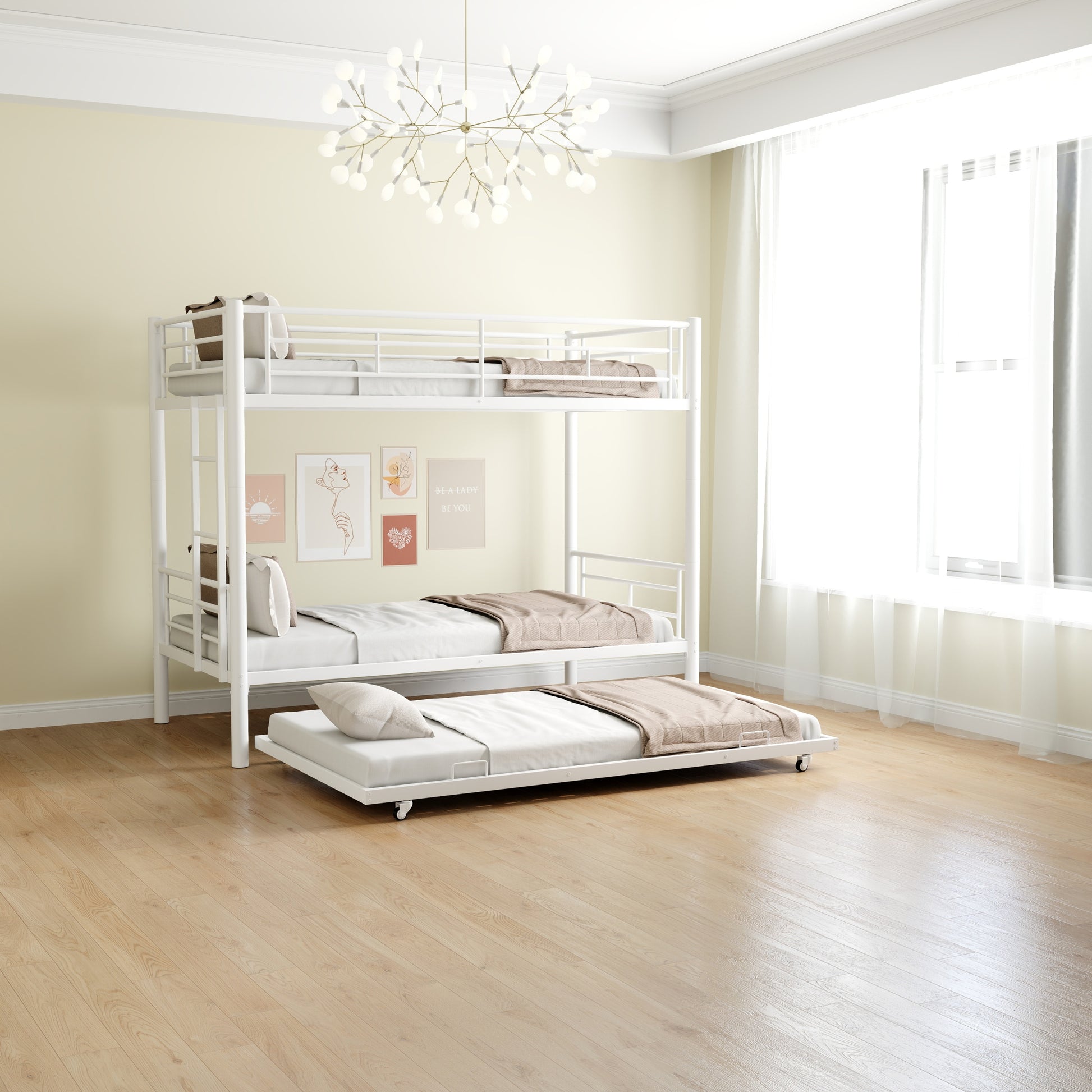 Heavy Duty Sturdy Meta Twin Over Twin With Trundle Bunk Bed L Noise Reduced Safety Guardrail No Box Spring Needed,White Box Spring Not Required Twin White Metal