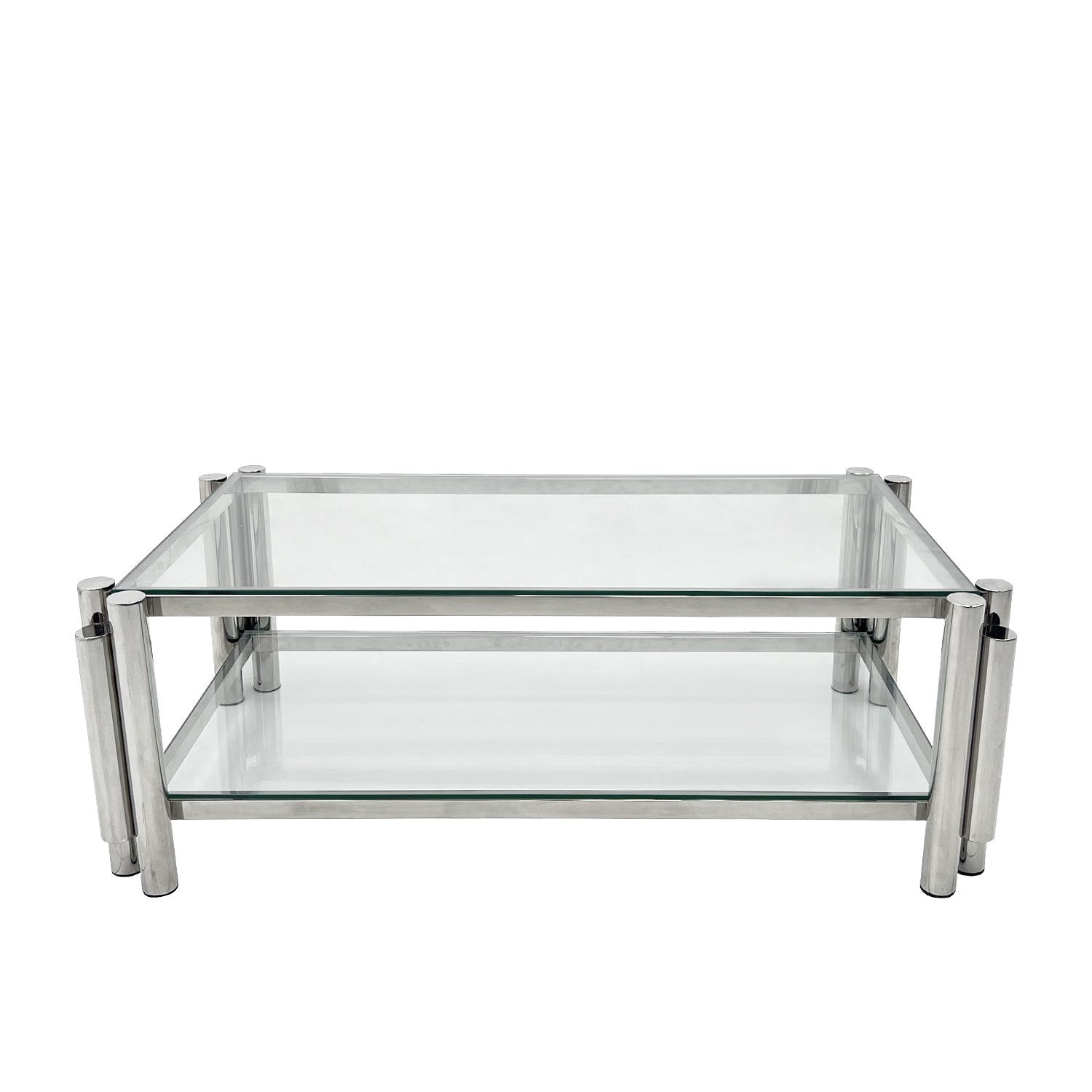 47" Wide Rectangle Modern Stainless Steel Coffee Table, Double Layer Clear Tempered Glass Coffee Table, Center Table With Storage, For Living Room Home Office, Easy Assembly, Silver Clear,Silver