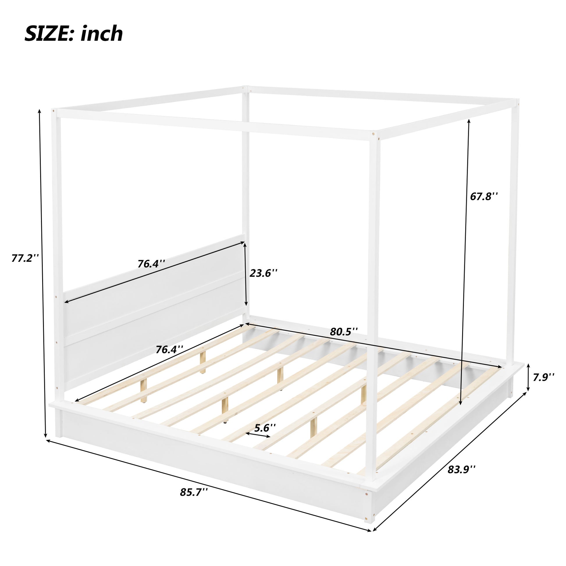 King Size Wood Led Canopy Bed ,Canopy Platform Bed With Support Slats, No Box Spring Needed, Whitekig King White Plywood