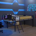Single Metal Loft Bed With Rectangular Desk, Led Lights, Led Loft Bed Frame Double Bed With Storage Shelves And Hanging Storage Compartments, Safety Guard And Ladder, No Box Springs Required, Rattan G Twin Black Natural Mdf Iron