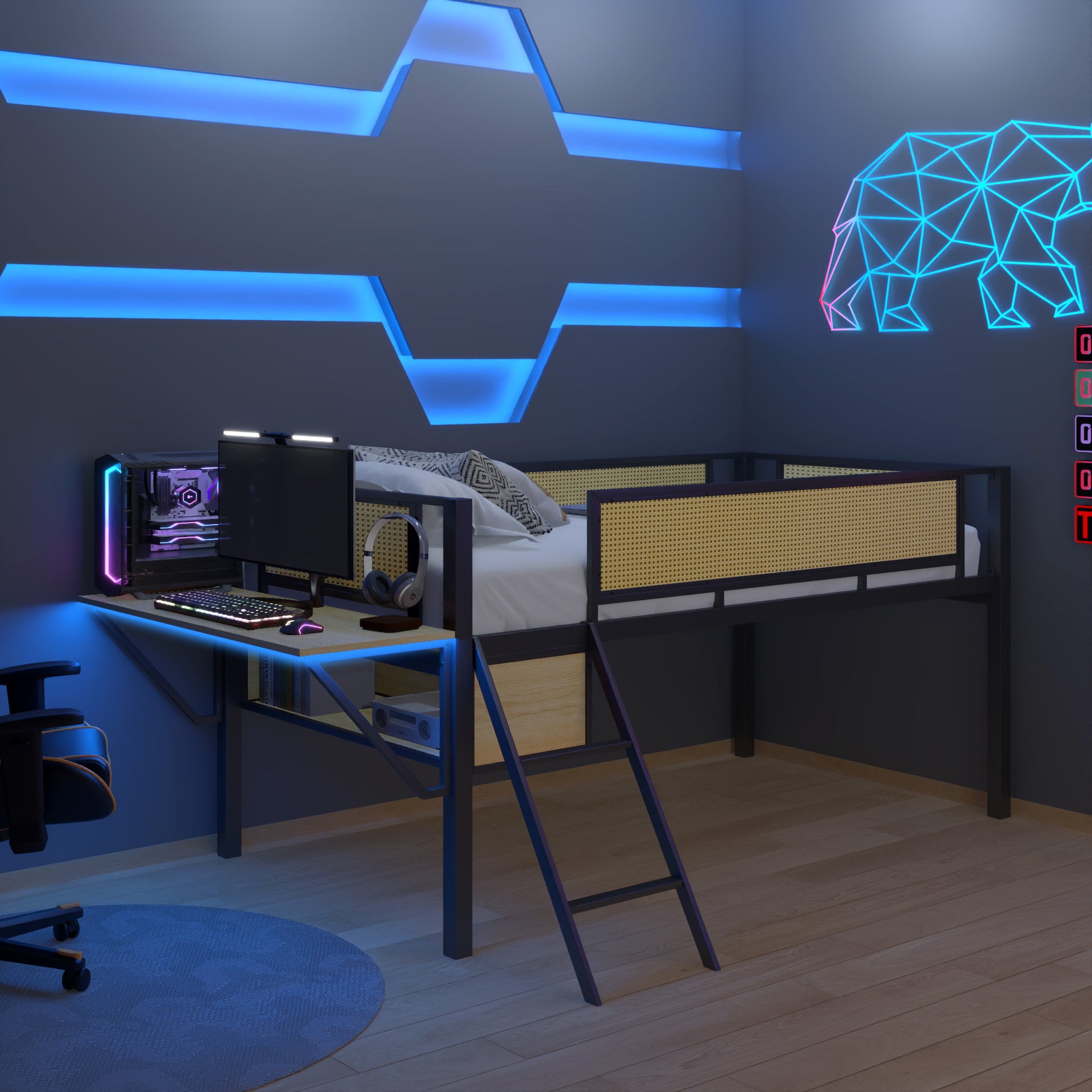 Single Metal Loft Bed With Rectangular Desk, Led Lights, Led Loft Bed Frame Double Bed With Storage Shelves And Hanging Storage Compartments, Safety Guard And Ladder, No Box Springs Required, Rattan G Twin Black Natural Mdf Iron