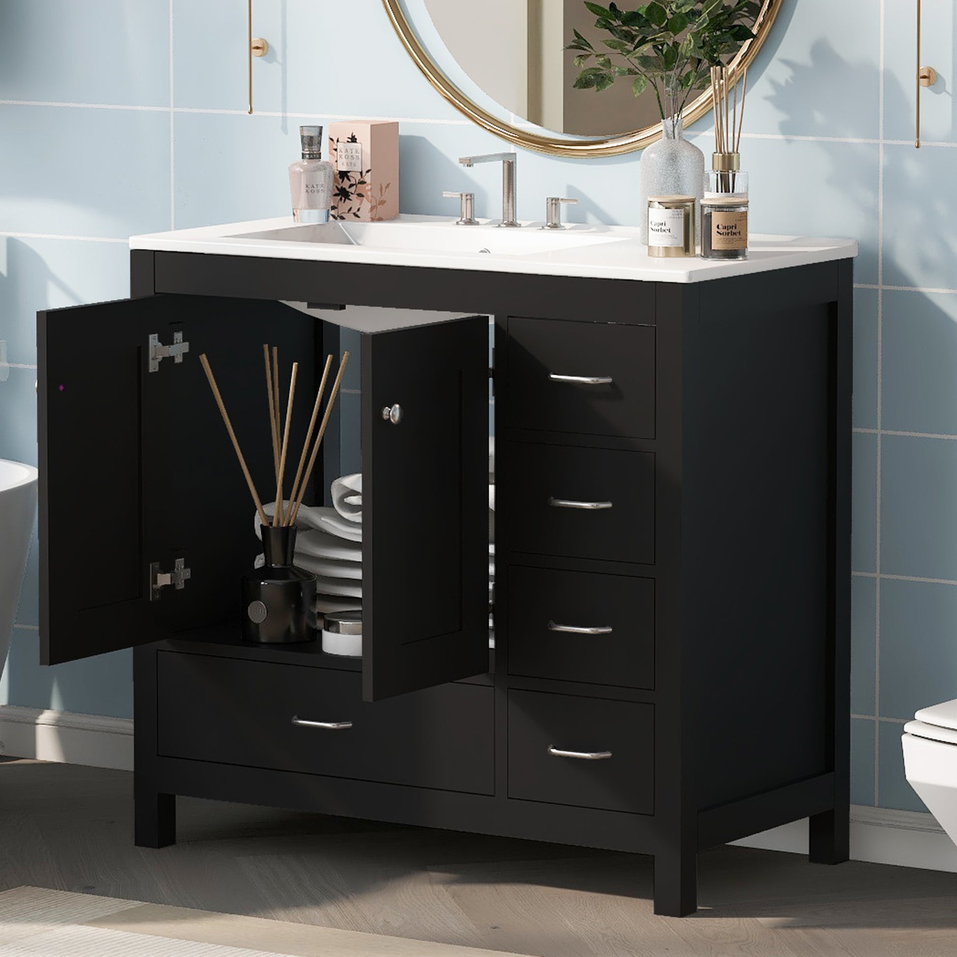 36" Black Bathroom Vanity With Ceramic Sink Combo, Abundant Storage Cabinet 2 Soft Close Doors And 5 Drawers Black Bathroom Solid Wood Mdf