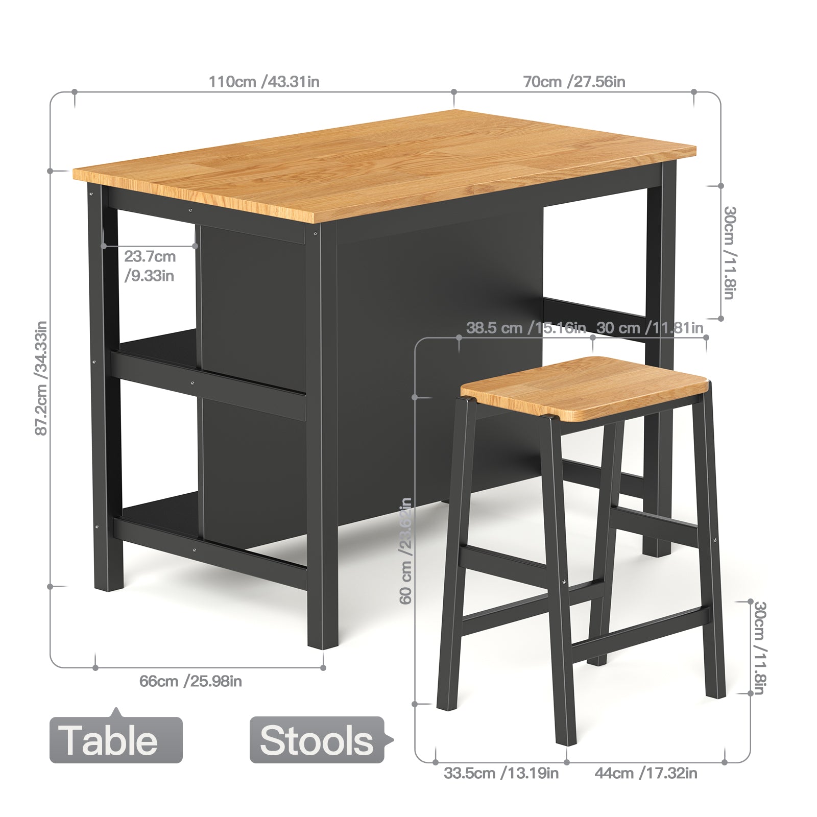 3 Pcs Dining Table Set Rustic Retro Breakfast Table Dining Stools Rubberwood For 2 With Two Open Shelves For Small Space Kitchen Dining Room W69165661 Black Rubber Wood