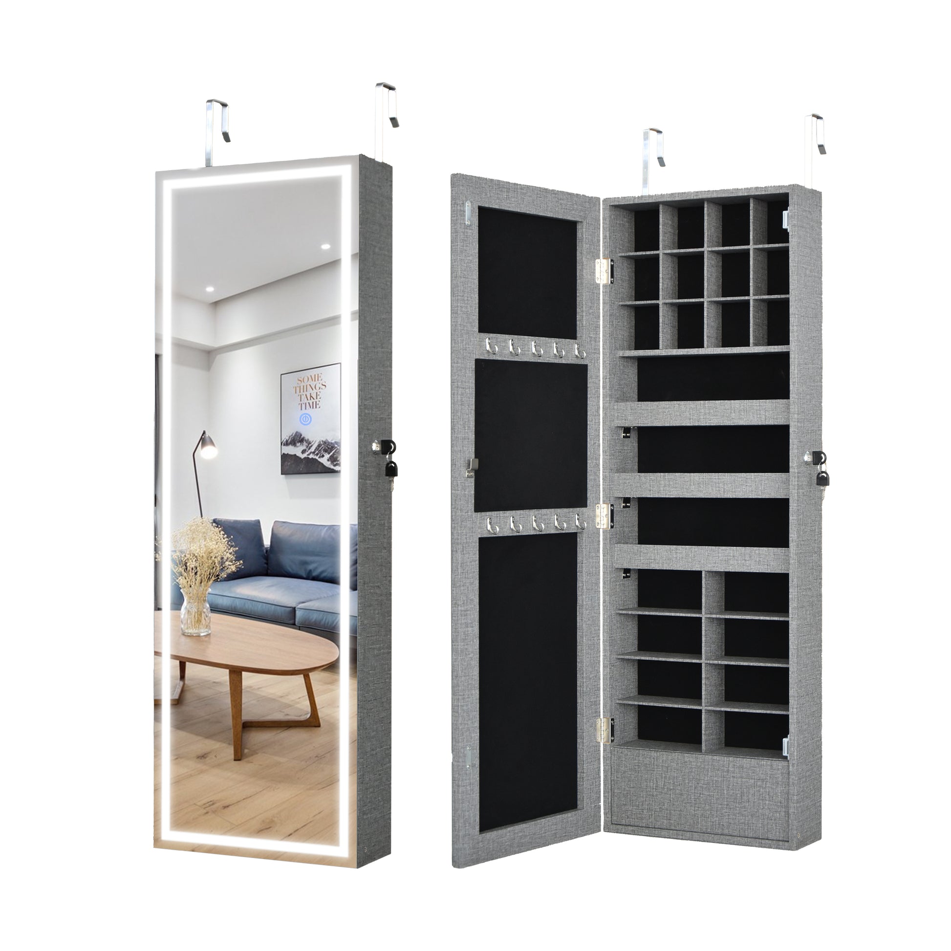 Fashion Simple Jewelry Storage Mirror Cabinet With Led Lights Can Be Hung On The Door Or Wall Grey Mdf