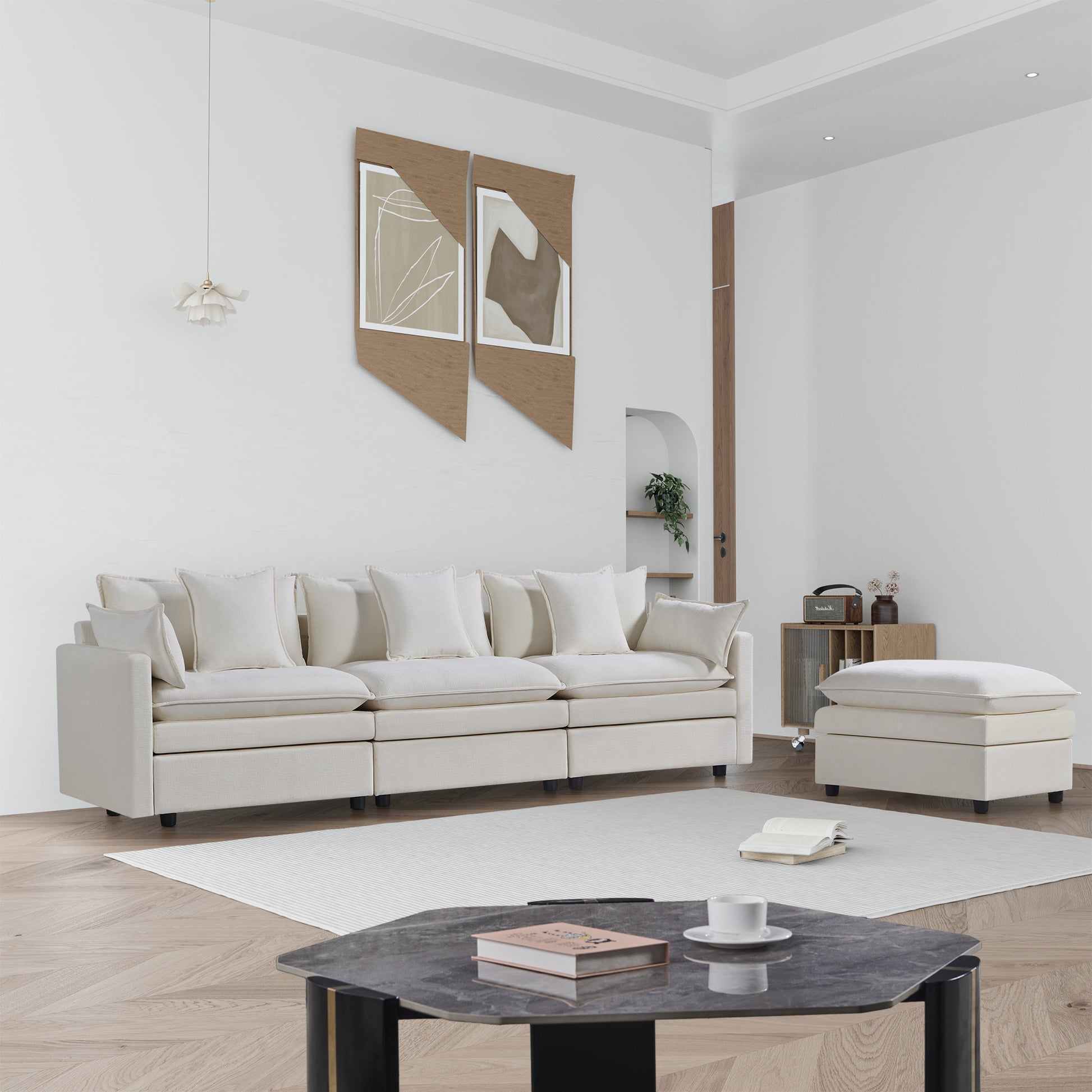 108.66"Modern Chenille L Shaped Sectional Sofa With Convertible Chaise, Comfy Cloud Couch Deep Sectional Sofa With Ottomans For Living Room White Wood Foam Chenille 3 Seat