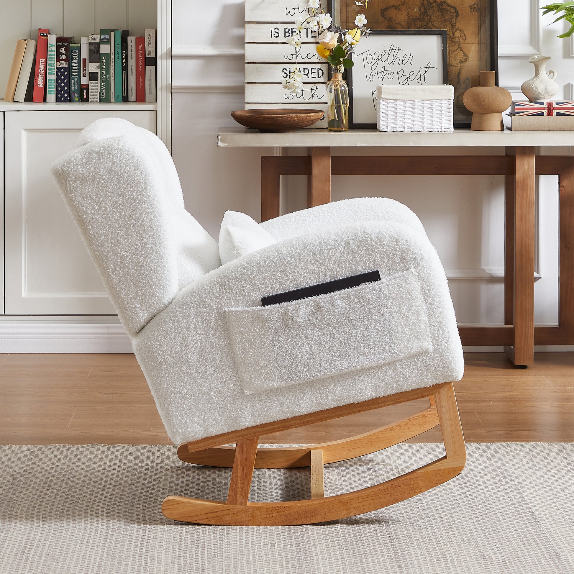 27.2"W Modern Accent High Backrest Living Room Lounge Arm Rocking Chair, Two Side Pocket Ivory Foam Fabric