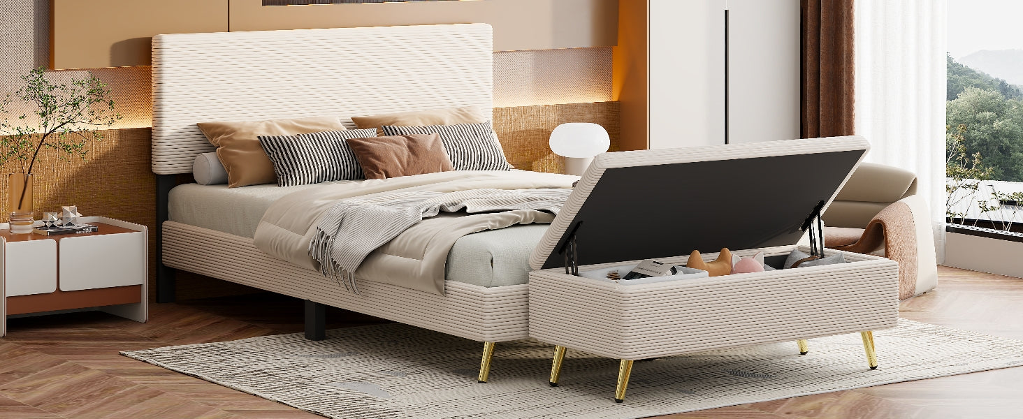 2 Pieces Bedroom Sets Queen Size Upholstered Bed Frame, Modern Corduroy Storage Ottoman,Beige Queen Beige 2 Piece Set Solid Wood Mdf