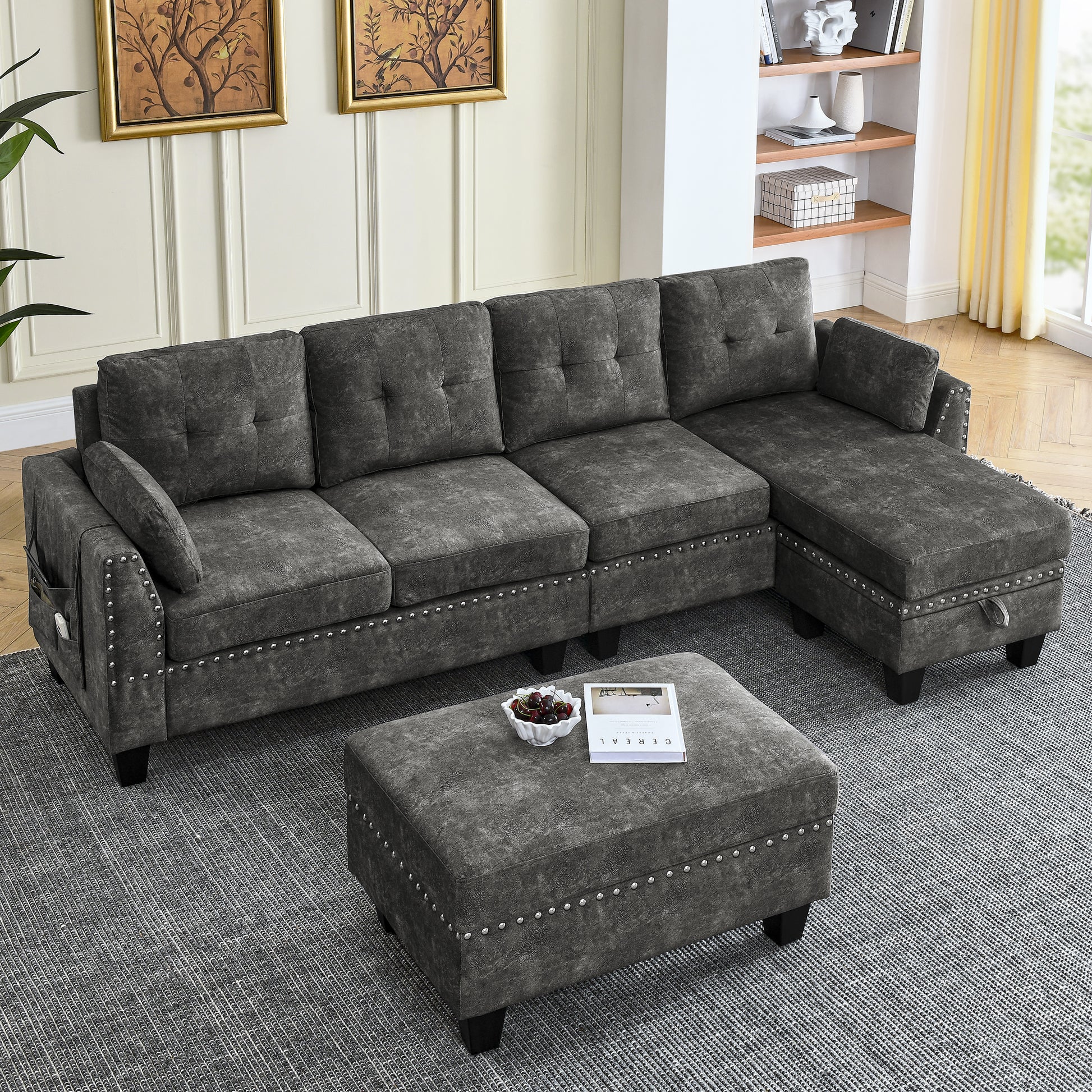 Sectional 3 Seaters Sofa ,Double Sided Multi Functional Footstool, Storage Matnon Slip Leg, Two Pillows, Velvet, Dark Grey Dark Grey Velvet 3 Seat
