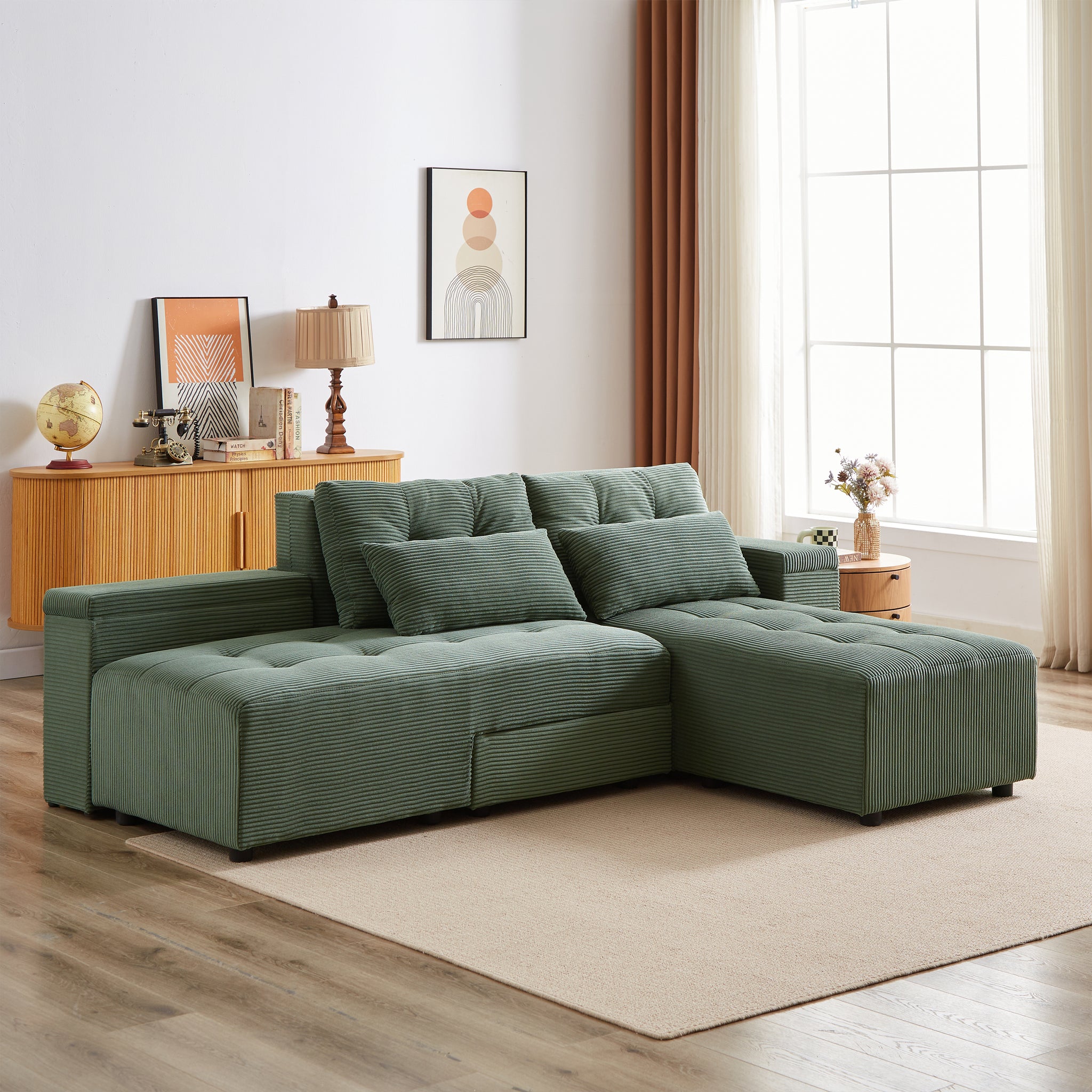 Convertible 3 In 1 Sleeper Sofa And Sectional Sofa With 4 Storage Space For Living Room,Corduroy Couch With 4 Pillows,Corduroy Army Green Corduroy 3 Seat