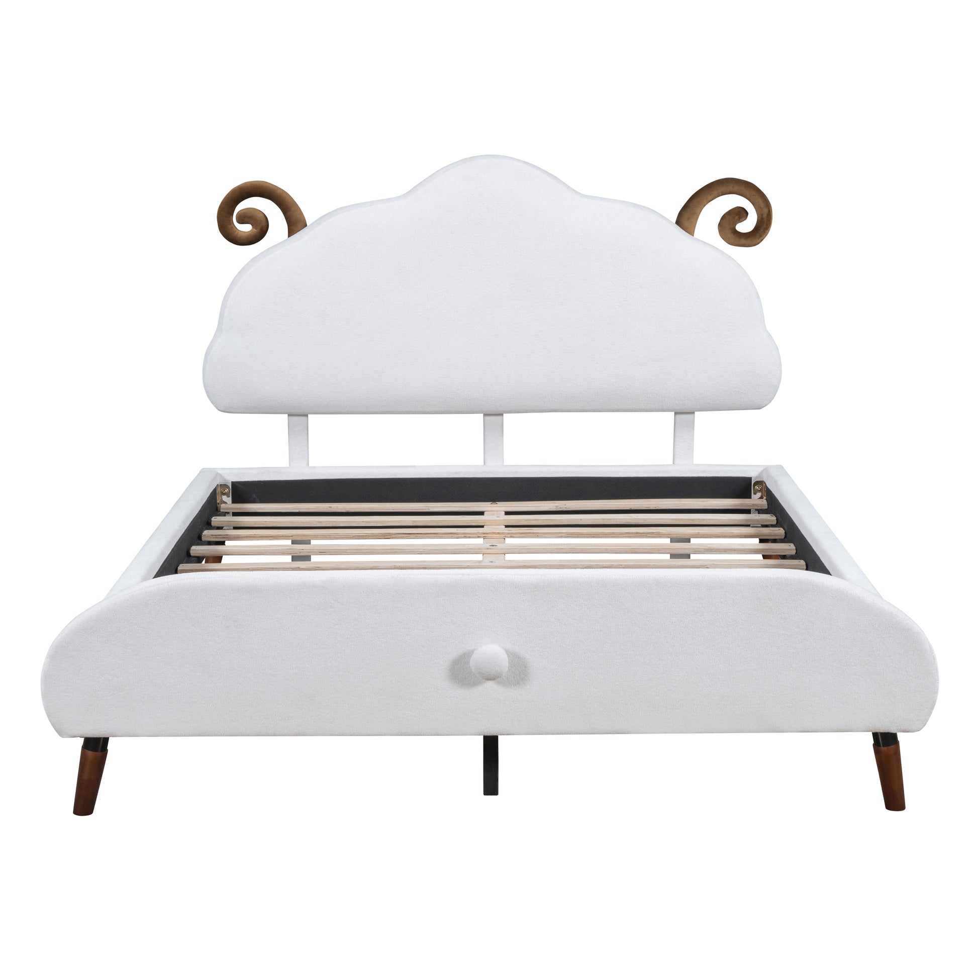 Full Size Upholstered Platform Bed With Sheep Shaped Headboard, White Full White Plywood
