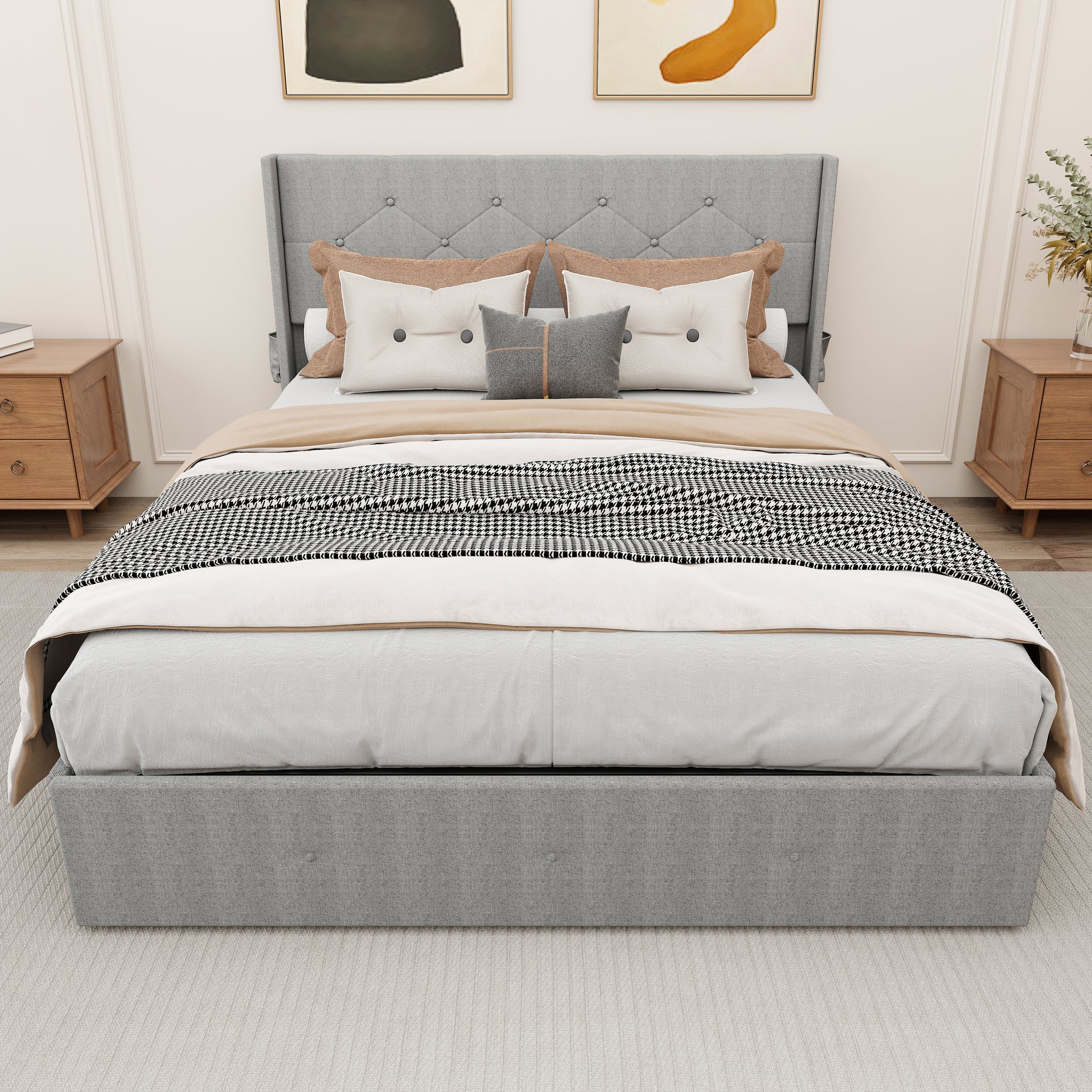 Queen Size Bed Frame With Storage Lift Up Storage Bed With Modern Wingback Headboard, Usb Ports Box Spring Not Required Queen Light Gray Metal Bedroom Contemporary Bed Frame Foam Linen Upholstered