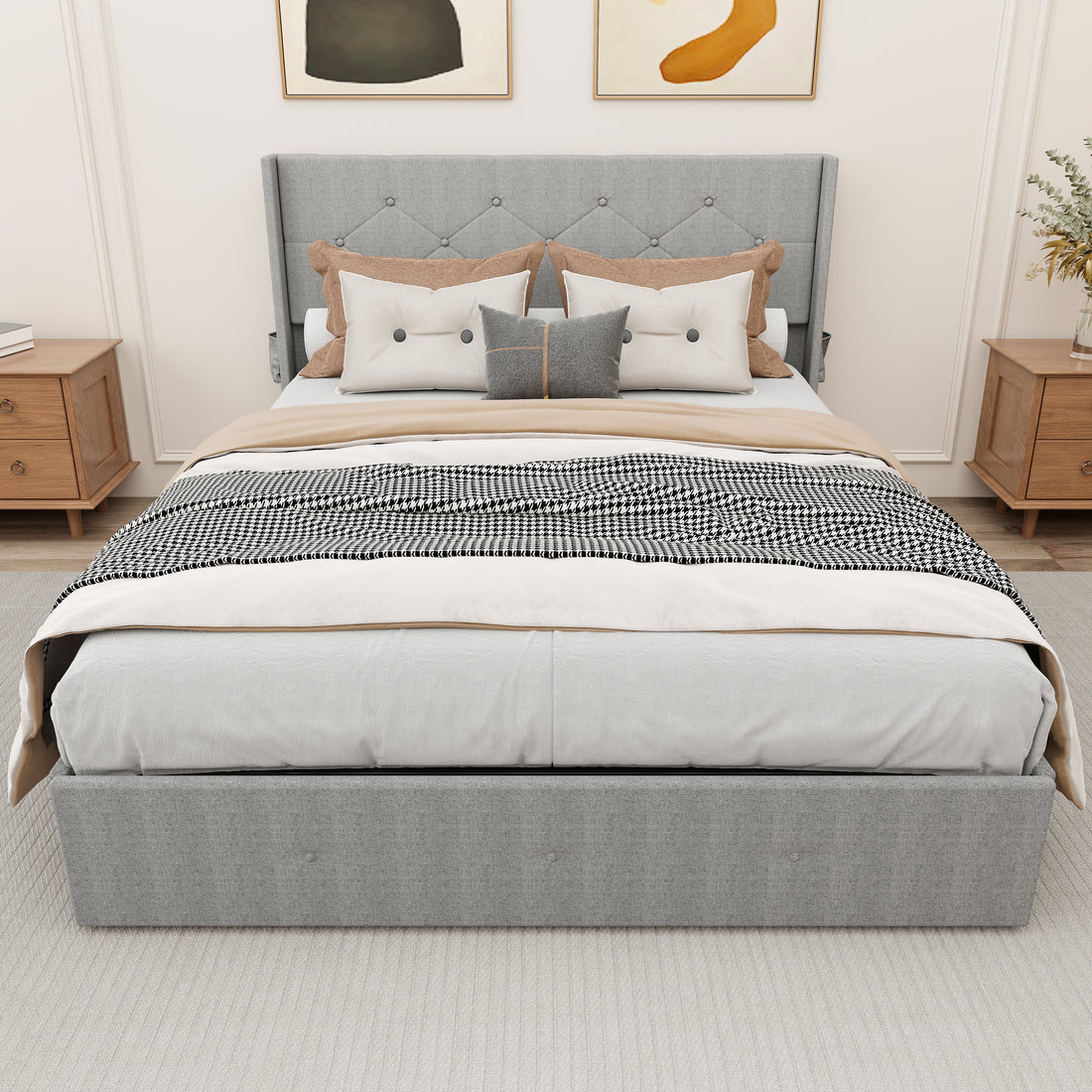 Queen Size Bed Frame With Storage Lift Up Storage Bed With Modern Wingback Headboard, Usb Ports Box Spring Not Required Queen Light Gray Metal Bedroom Contemporary Bed Frame Foam Linen Upholstered