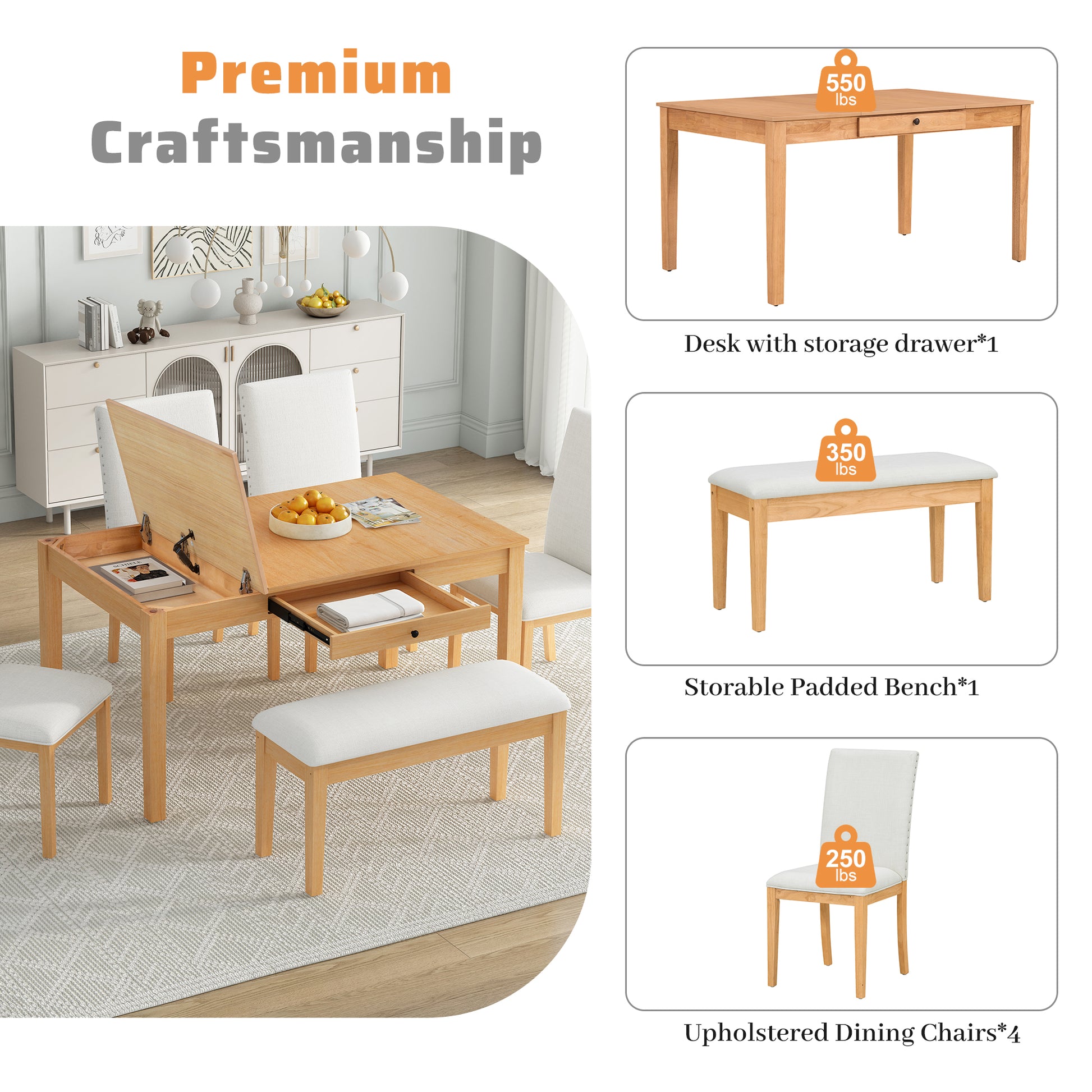 Farmhouse 6 Piece Dining Table Set With Storage Table, Kitchen Table Set With Drawer, Storable Bench And Upholstered Dining Chairs, Natural Beige Wood Dining Room Bench Seating Acacia Rectangular Dining Table With Chair And Bench Upholstered Chair Wood
