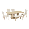 Contemporary 6 Piece 78Inch Extendable Pedestal Dining Table Set With 18Inch Removable Leaf And Dining Bench, 4 Upholstered Dining Chairs, Natural Wood Dining Room Solid Wood Rubberwood Rectangular Dining Table With Chair And Bench Upholstered Chair Wood