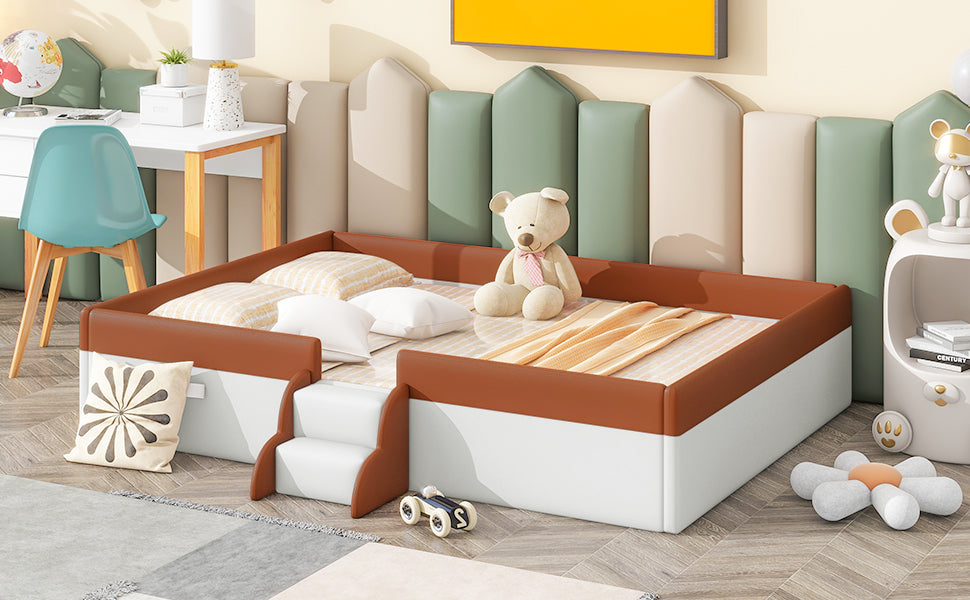 Full Size Upholstered Daybed Frame With Fence And Stairs, Brown White Full Brown White Mdf Lvl