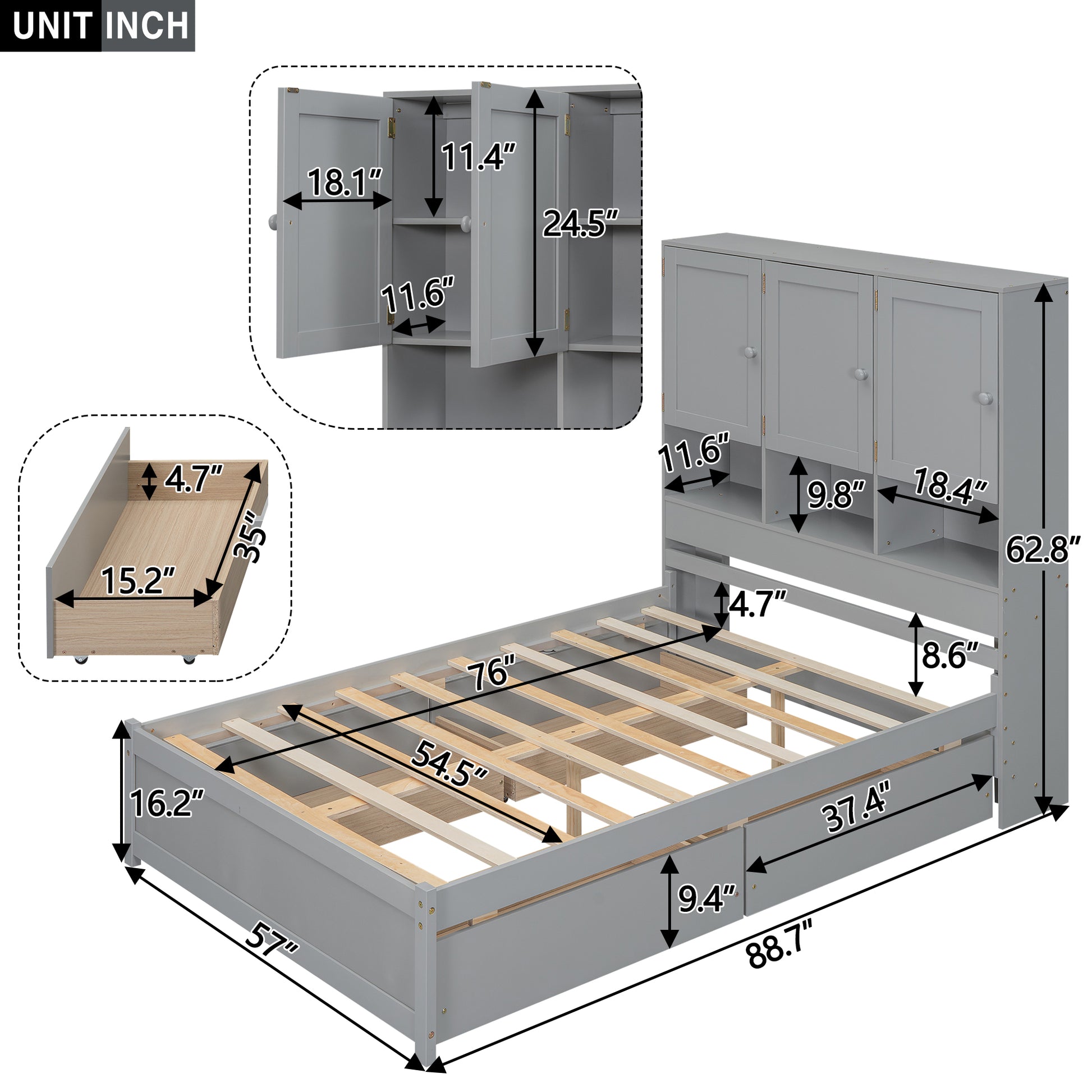 Full Size Platform Bed With Storage Headboard And 4 Drawers, Gray Box Spring Not Required Full Gray Wood Bedroom Bed Frame Solid Wood Mdf