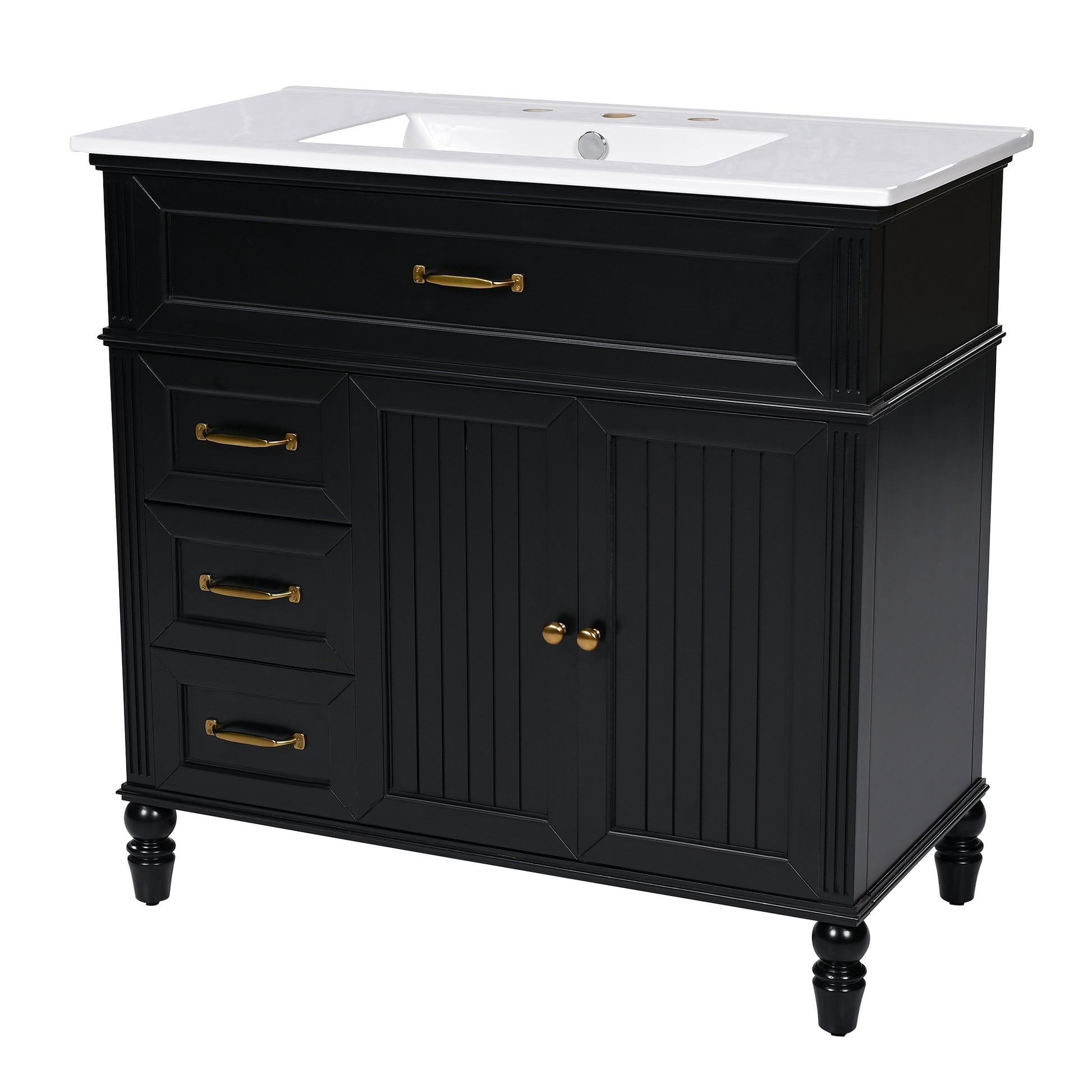 36" Bathroom Vanity With Sink, Black Bathroom Cabinet With Drawers, Solid Frame And Mdf Board, One Package Black Solid Wood Mdf