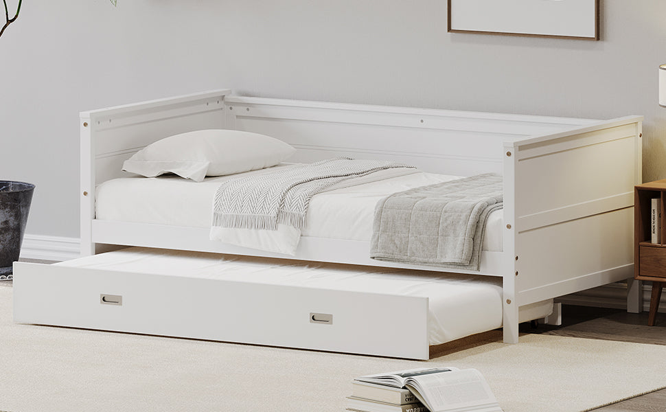 Twin Size Solid Wood Daybed With Trundle For Kids Teens Dorm Bedroom Multipurpose Guest Room Or Home, White Box Spring Not Required Twin White Wood Bedroom Pine Wood