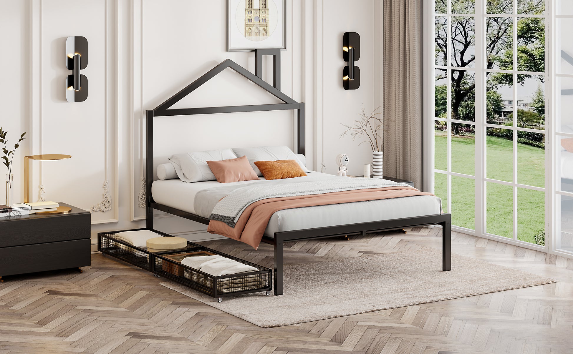 Full Size Metal Platform Bed With Two Drawers,House Shaped Headboard Design, Black Full Black Metal