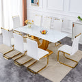 Table And Chair Set, Modern Minimalism And Luxurious White Rectangular Pattern Dining Table. Soft And Comfortable Dining Chairs For Dining Rooms, Living Rooms, Terraces And Kitchens. White Seats 8 Mdf Glass
