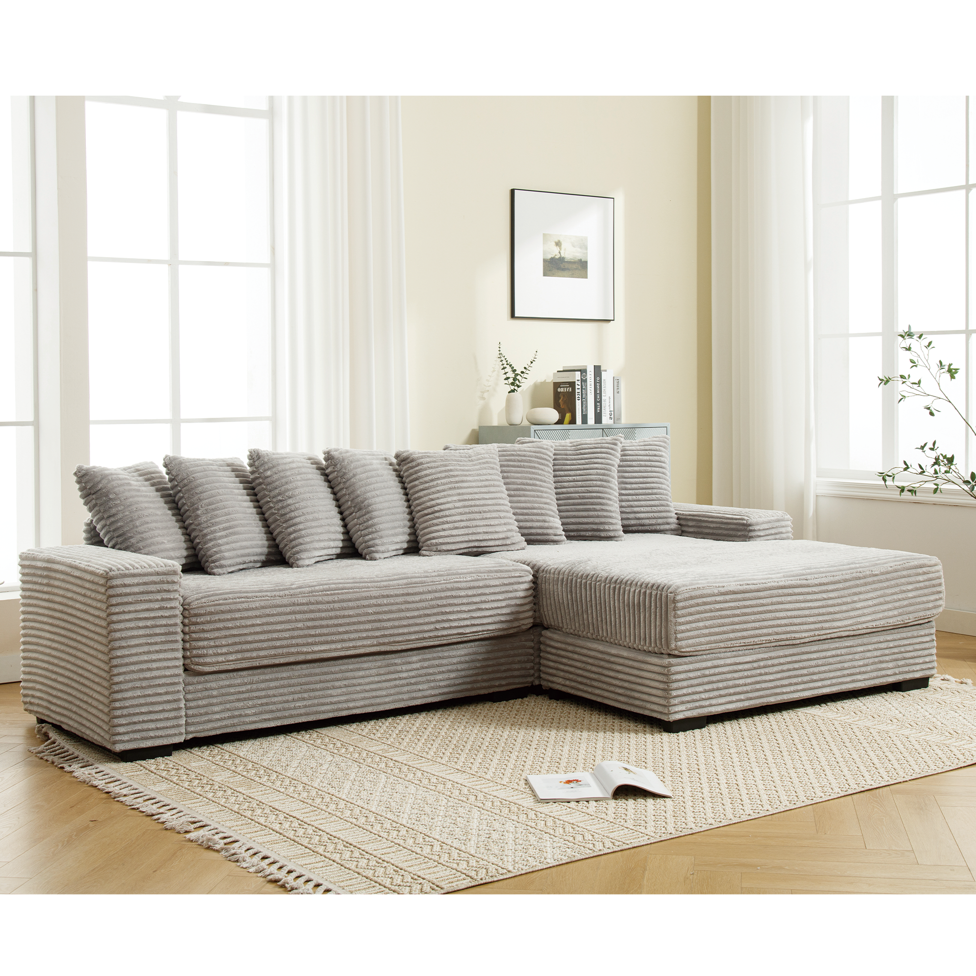 Arrived Oversized Two Piece Couches, L Shaped Sofa, Corduroy, Right Chaise Daybed,With Armrests,Eight Throw Pillows,Corner Sofa,Easy To Assemble, Gray Gray Polyester Wood Primary Living Space Medium Soft Pillow Back Modern Square Arms Wood 3 Seat