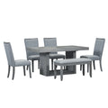 Contemporary 6 Piece 78Inch Extendable Pedestal Dining Table Set With 18Inch Removable Leaf And Dining Bench, 4 Upholstered Dining Chairs, Gray Gray Wood Dining Room Solid Wood Rubberwood Rectangular Dining Table With Chair And Bench Upholstered Chair