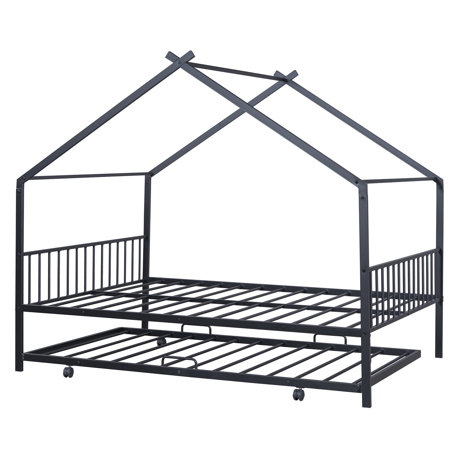 Full Size Metal House Bed With Twin Size Trundle, Black Full Black Metal