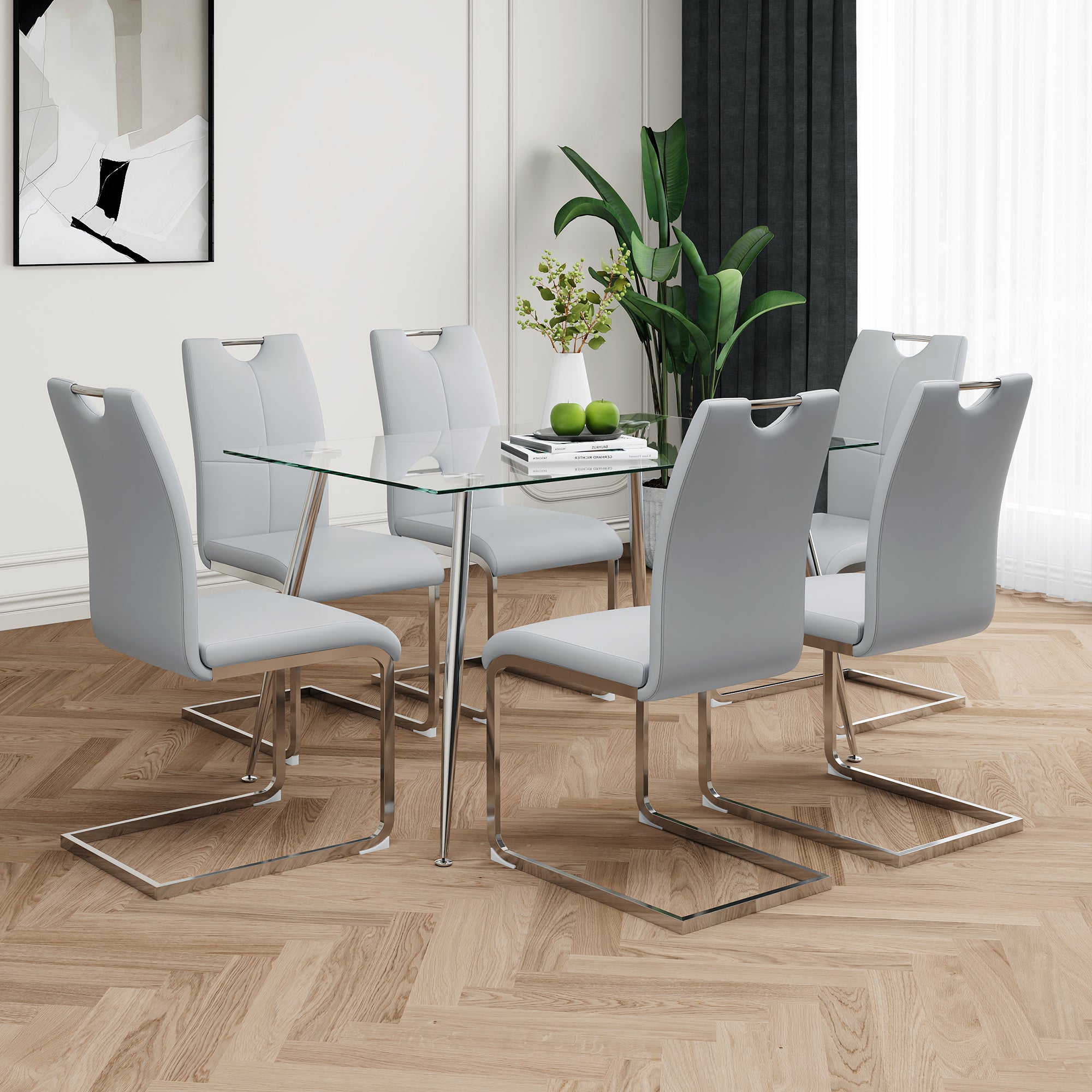 Modern Simple Rectangular Glass Dining Table, Solid Tempered Glass Tabletop, Electroplated Table Legs, Gray Pu Dining Chair Set, Suitable For Restaurant Kitchen Use Set Of 7 Upholstered Chair Glass Gray Pu Seats 6 Metal Rectangular Dining Table With