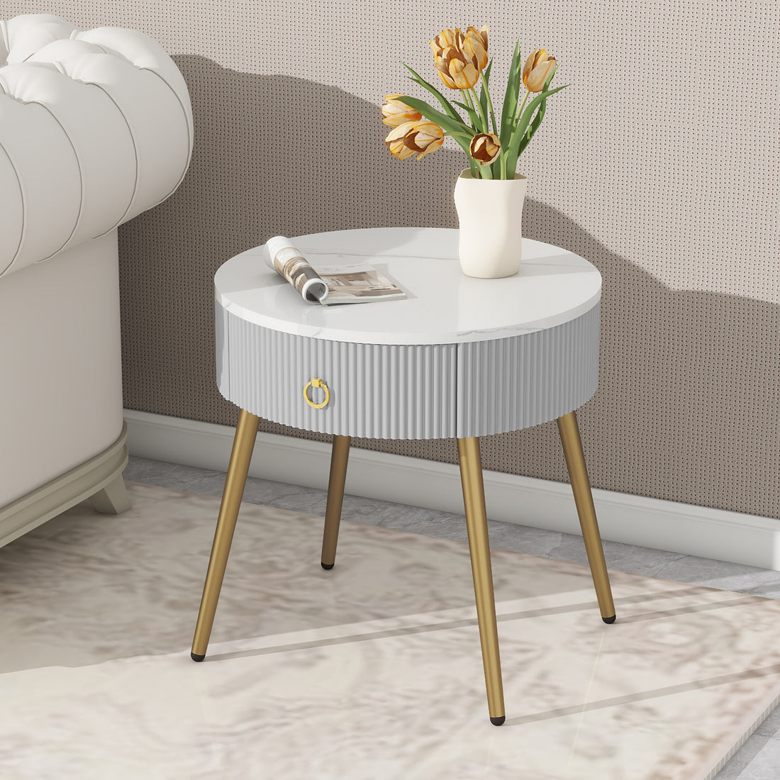 19.6'' Easy Assembly End Tables With High Gloss Faux Marble Tabletops, Set Of 2, Modern Fluted 2 Side Tables With Drawers, Round Coffee Tables With Golden Legs For Living Room, Grey Grey Gold Primary Living Space Drawers Round Mdf Iron