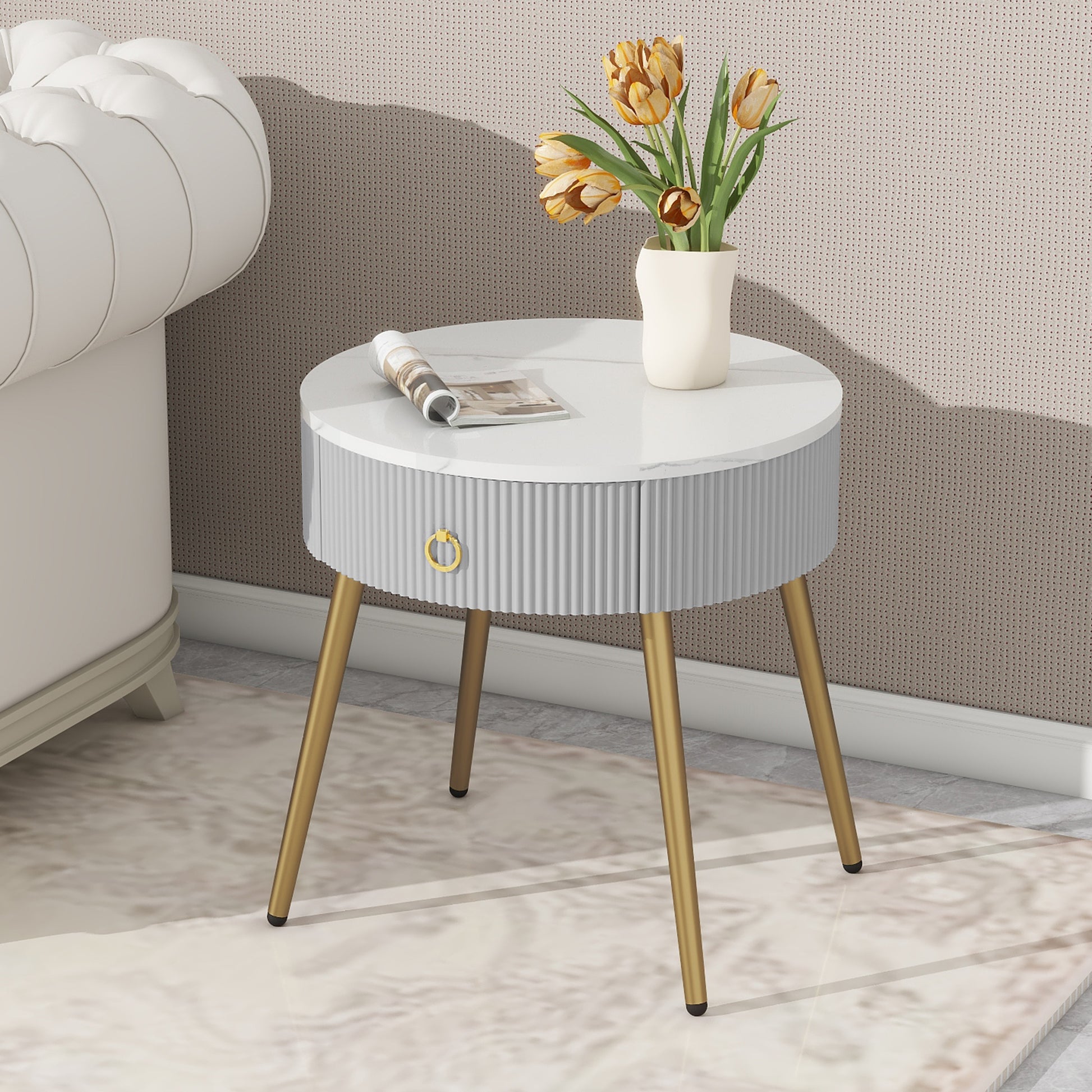 19.6'' Easy Assembly End Tables With High Gloss Faux Marble Tabletops, Set Of 2, Modern Fluted 2 Side Tables With Drawers, Round Coffee Tables With Golden Legs For Living Room, Grey Grey Gold Primary Living Space Drawers Round Mdf Iron