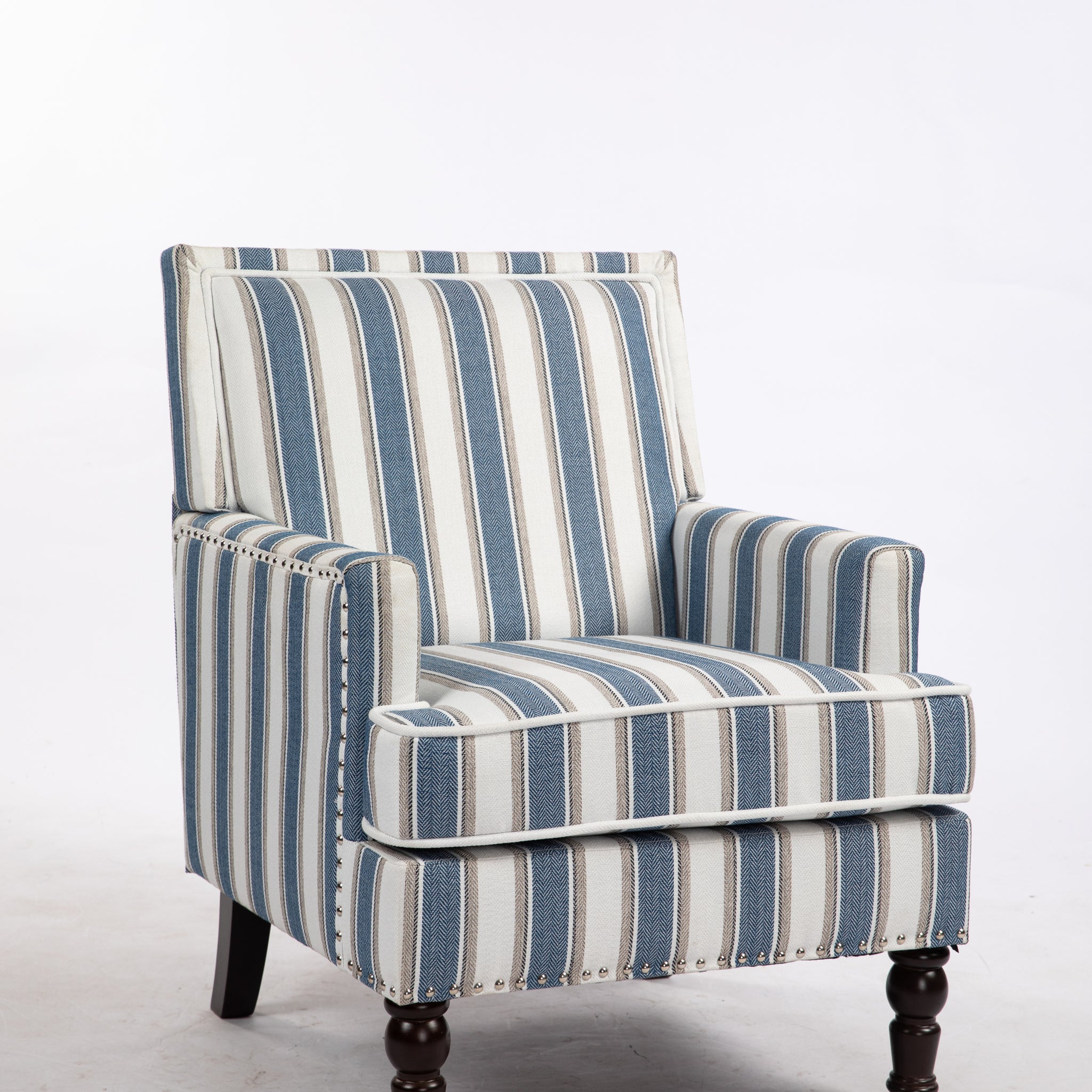 Upholstered Accent Chair, Vintage Armchair With Blue And White Striped Linen Fabric And Trim For Living Room Blue Cotton