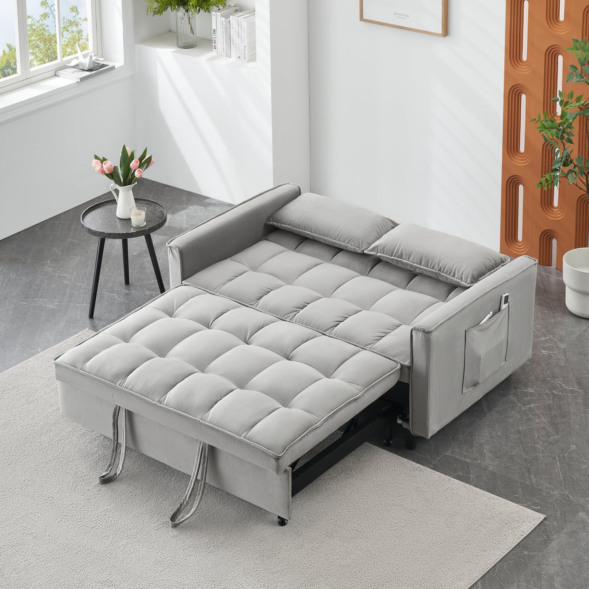 Modern Velvet Loveseat Futon Sofa Couch Pullout Bed, Small Beautiful Seat Lounge Sofa W Reclining Backrest, Toss Pillows, Pockets, Furniture For Living Room,3 In 1 Convertible Sleeper Sofa Bed, Gra Gray Velvet 2 Seat