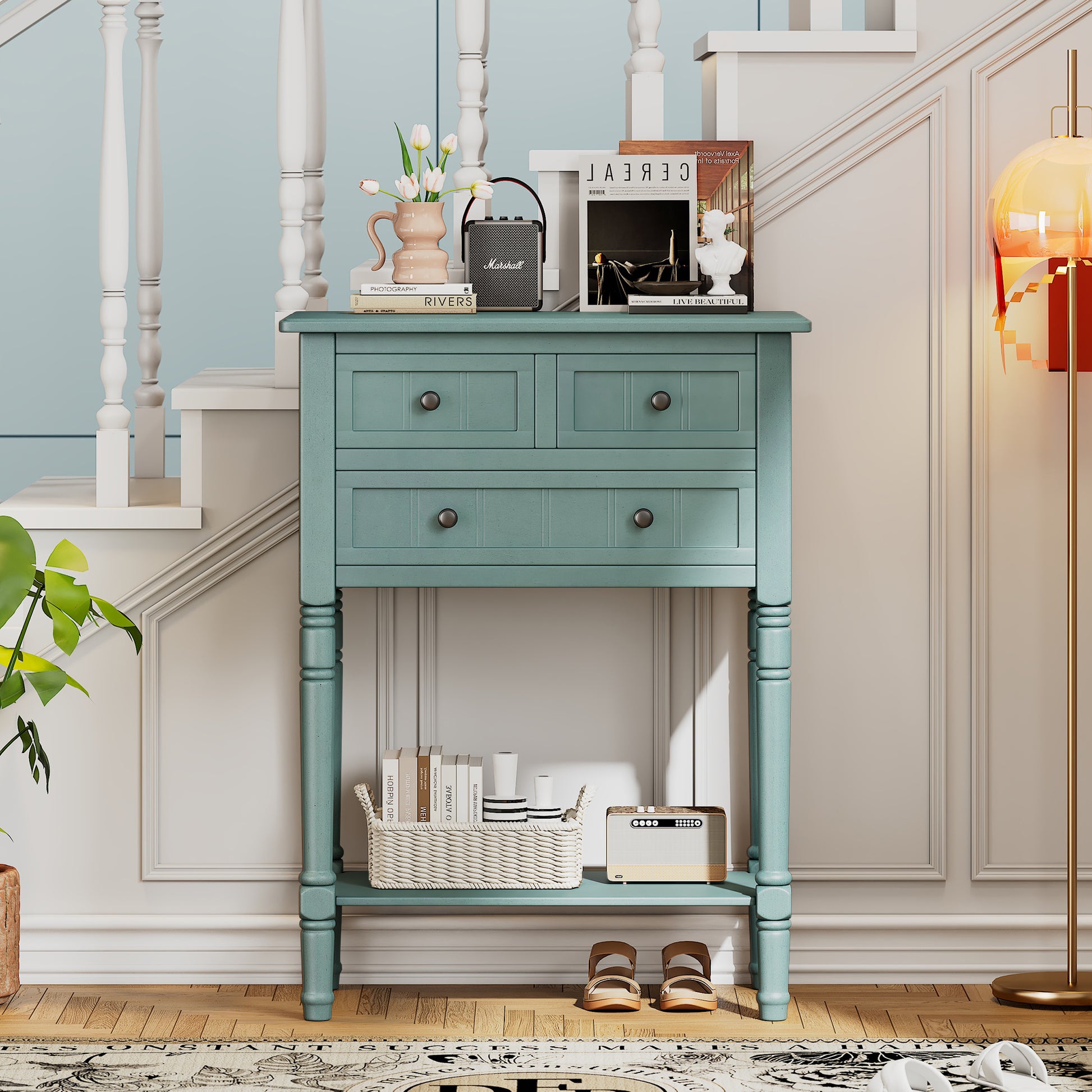 Narrow Console Table, Slim Sofa Table With Three Storage Drawers And Bottom Shelf Light Blue Light Blue Solid Wood Mdf