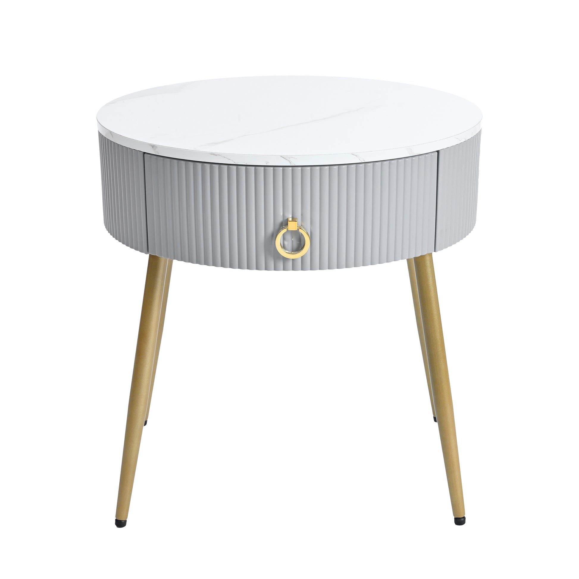 19.6'' Easy Assembly End Tables With High Gloss Faux Marble Tabletops, Set Of 2, Modern Fluted 2 Side Tables With Drawers, Round Coffee Tables With Golden Legs For Living Room, Grey Grey Gold Primary Living Space Drawers Round Mdf Iron