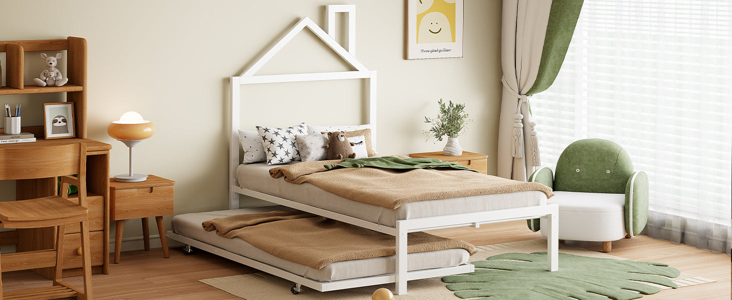 Twin Size Metal Platform Bed With Twin Size Trundle,House Shaped Headboard Design, White Twin White Metal