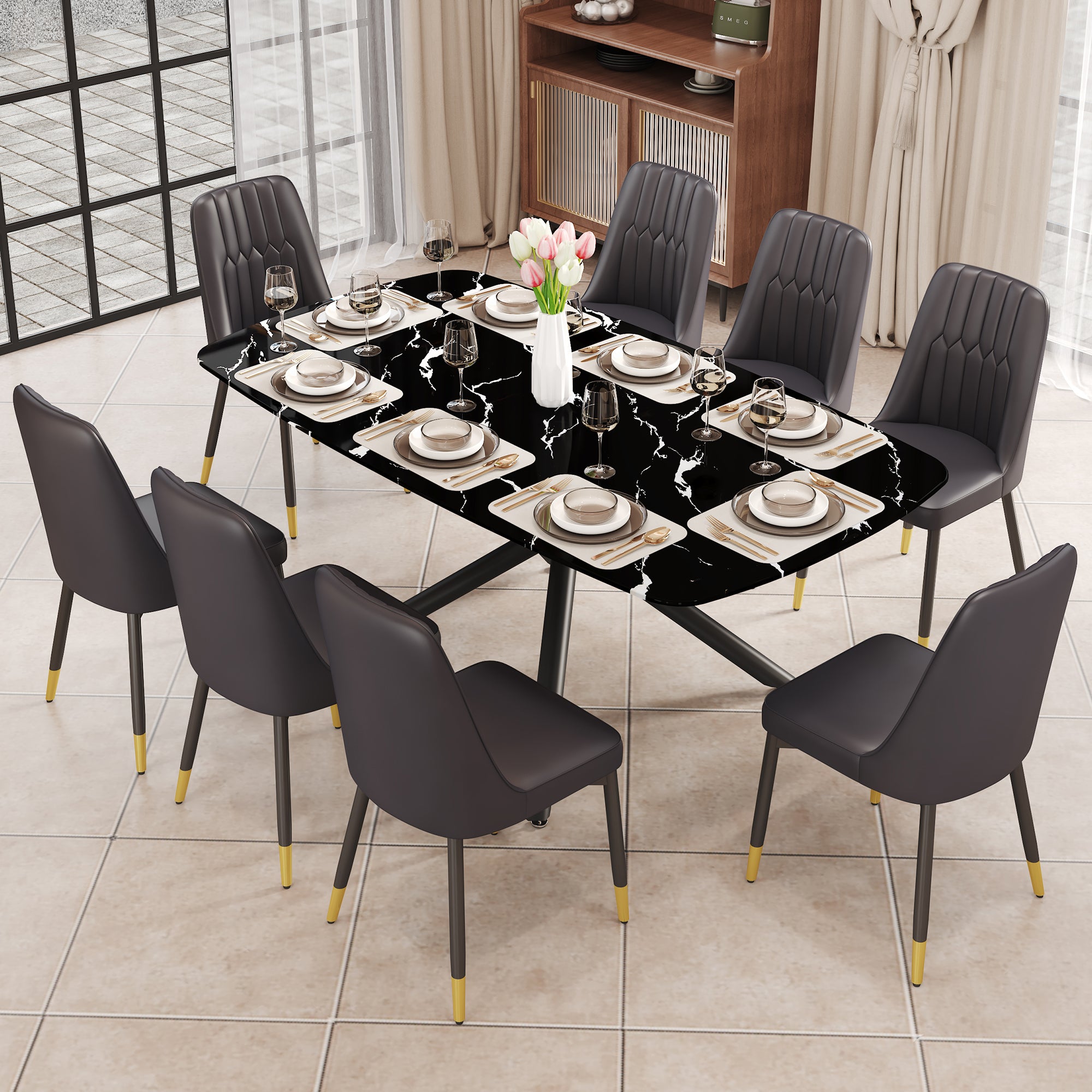 1 Table And 8 Chairs Set.A Rectangular Dining Table With A Imitation Marble Black Table Top And Black Metal Legs.Paired With 8 Chairs With Pu Leather Seat Cushion And Black Metal Legs.F 1537,C 007 Black Glass Metal