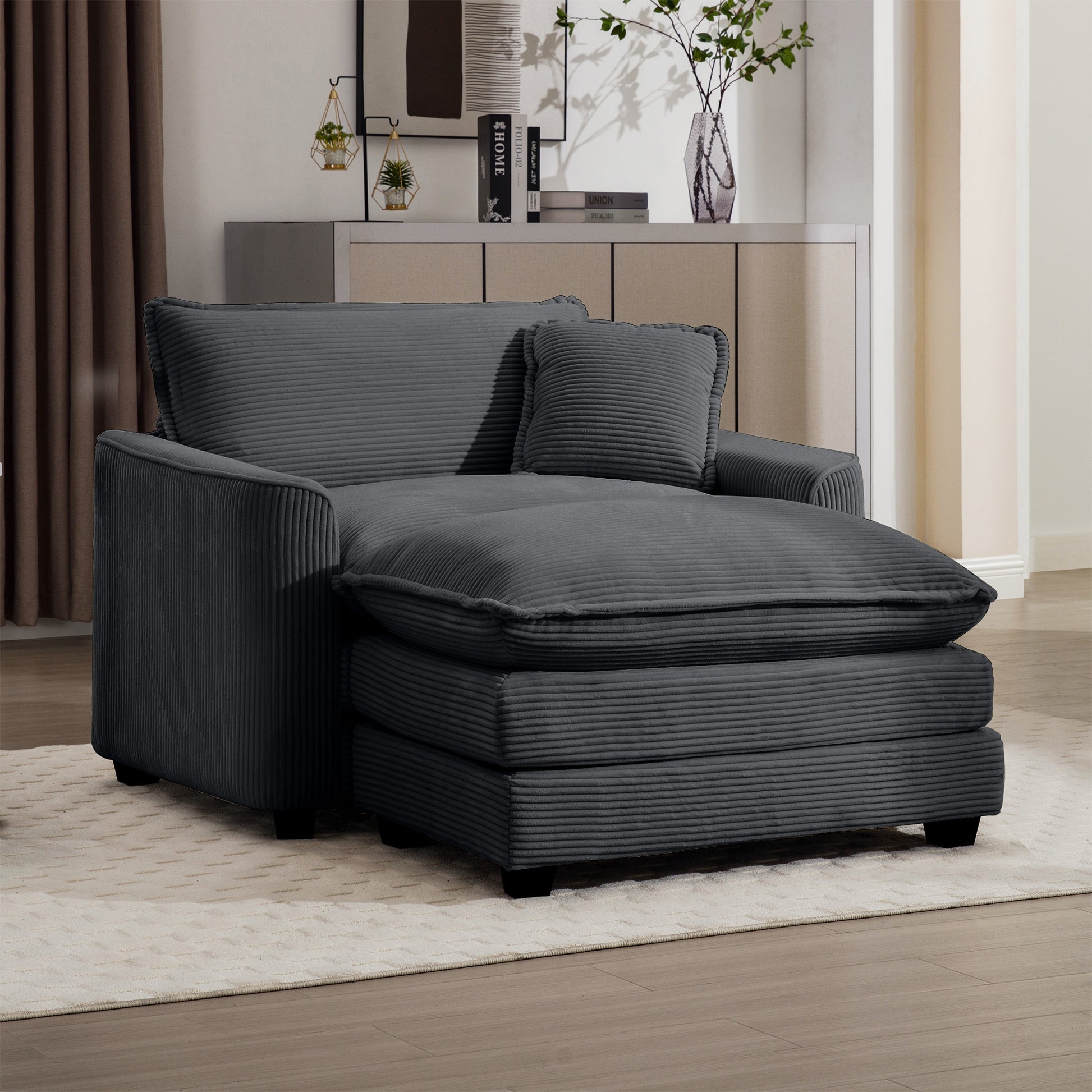 Comfortable Single Chair Deep Seat Sofa With Footstool With One Pillow, Suitable For Living Room And Bedroom, Club Multiple Occasions, Grey Corduroy Fabric Grey Corduroy 1 Seat
