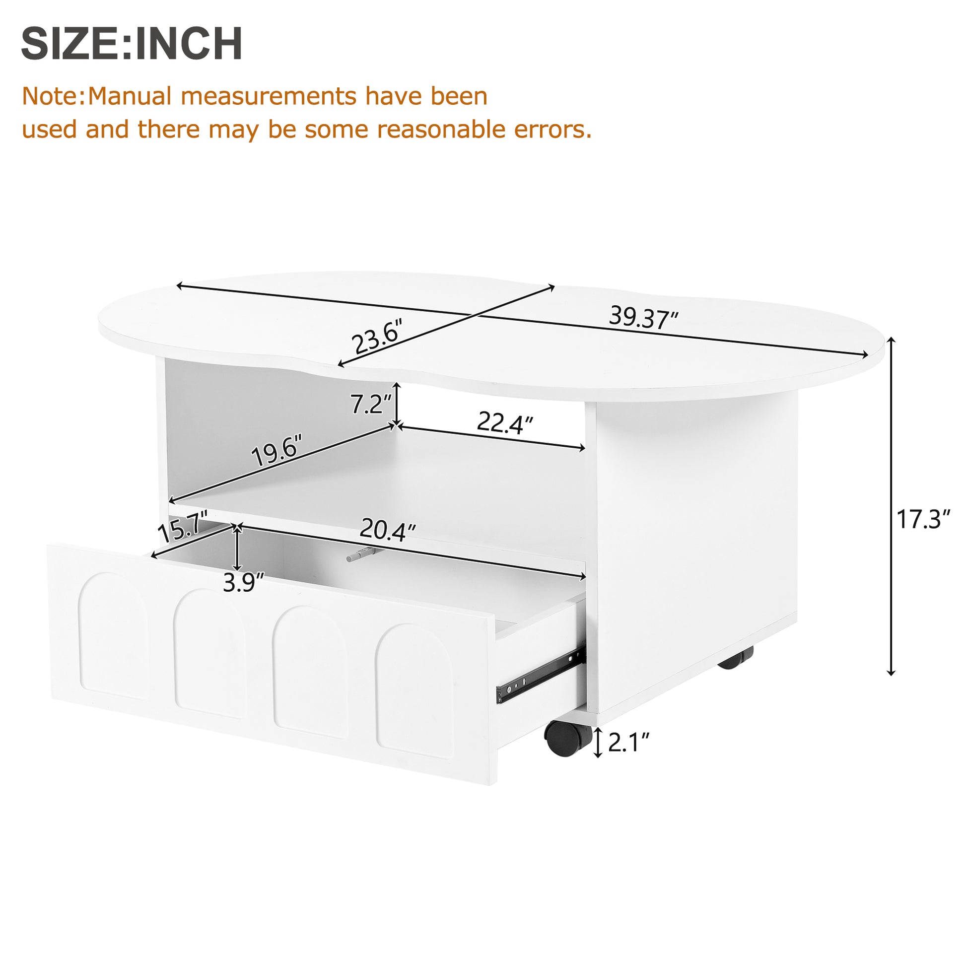 Flexible Cream Style Coffee Table With 2 Brake Wheels, Cloud Top Side Table With Drawer, Irregular Center Table With Large Storage For Living Room, White, 39.37''X 23.6'' White Particle Board