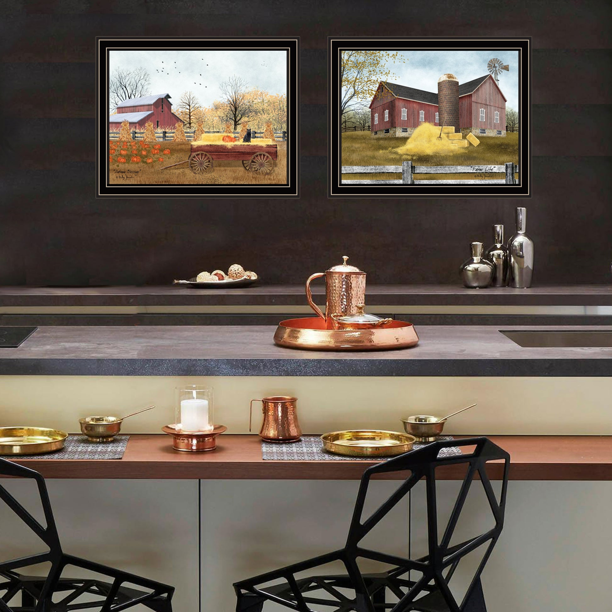 2 Piece Vignette Autumn Blessings Farm Life Black Framed Wall Art For Living Room, Bedroom Wall Art Print For Home Decor By Billy Jacobs Multicolor Wood Paper