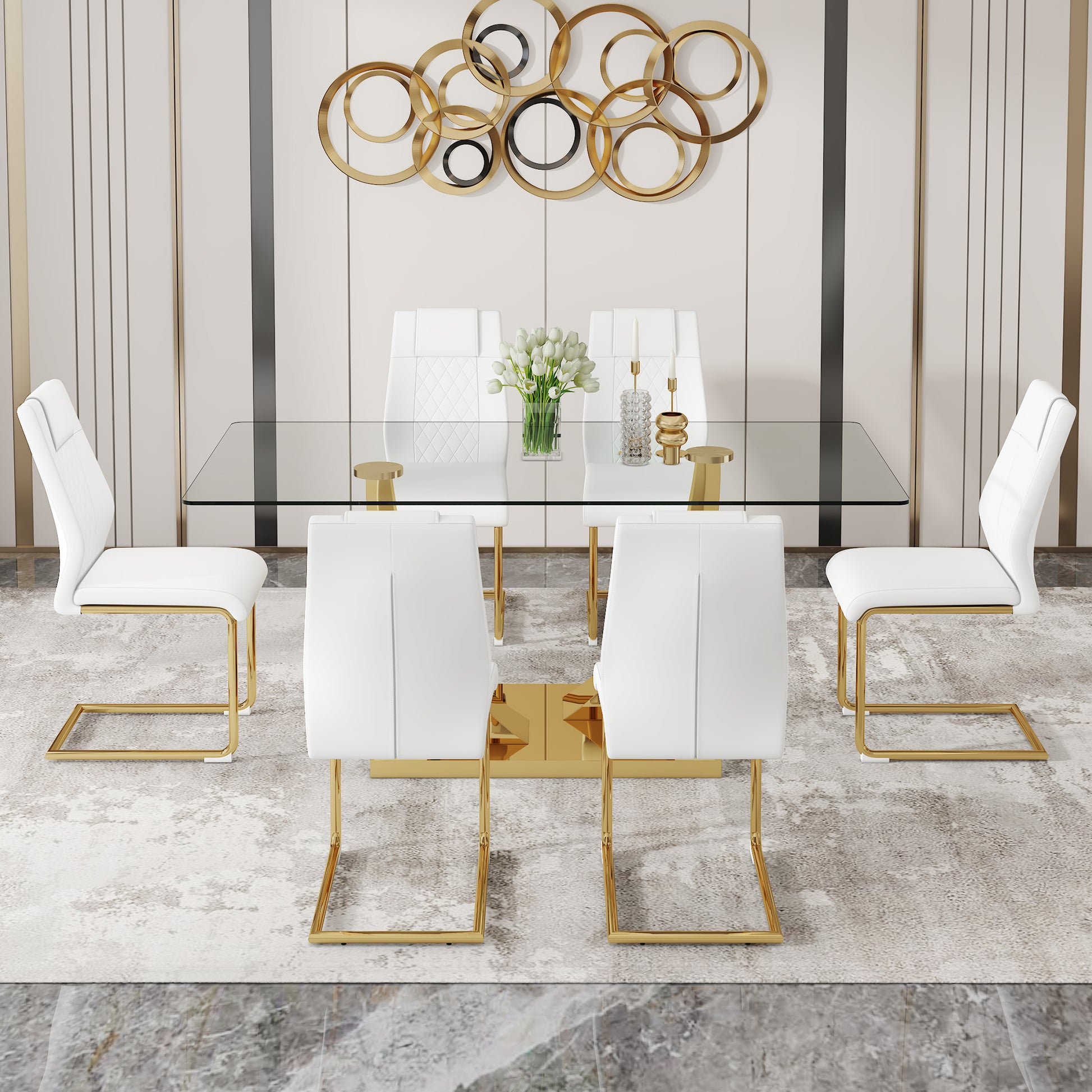 Table And Chair Set.Modern Rectangular Dining Table With Transparent Tempered Glass Tabletop And Gold Plated Metal Legs.Paried With 6 Comfortable Chairs With Pu Seats And Golden Metal Legs. Transparent,White Gold Seats 6 Glass Metal