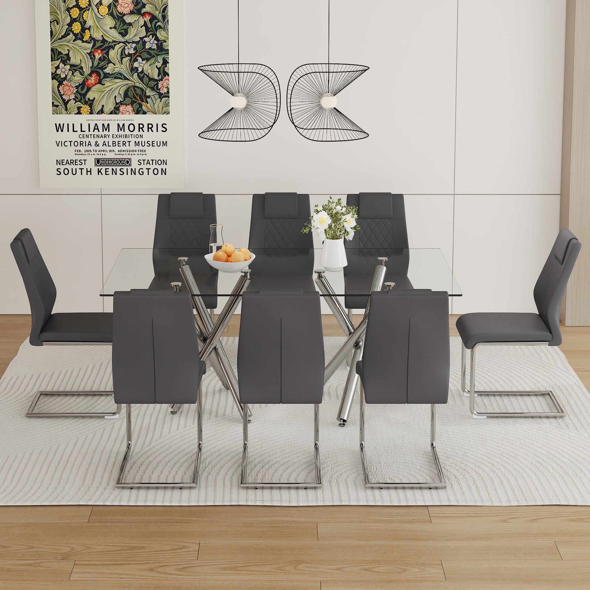 Table And Chair Set.Large Minimalist Rectangular Glass Dining Table For 6 8 With 0.39" Tempered Glass Tabletop And Silver Chrome Metal Legs.Paried With Comfortable Chairs With Pu Seats And Metal Legs. Silver Seats 8 Glass Metal