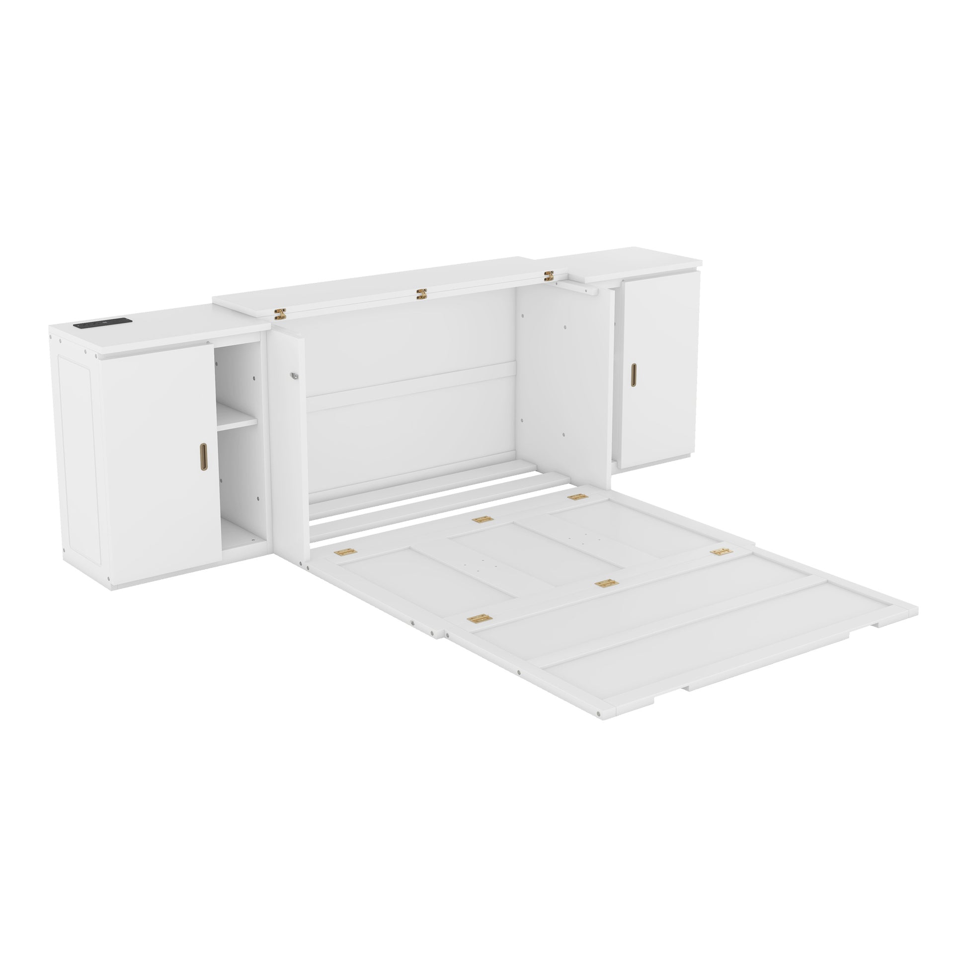 Full Size Murphy Bed With Shelves, Cabinets And Usb Ports,White White Mdf Lvl