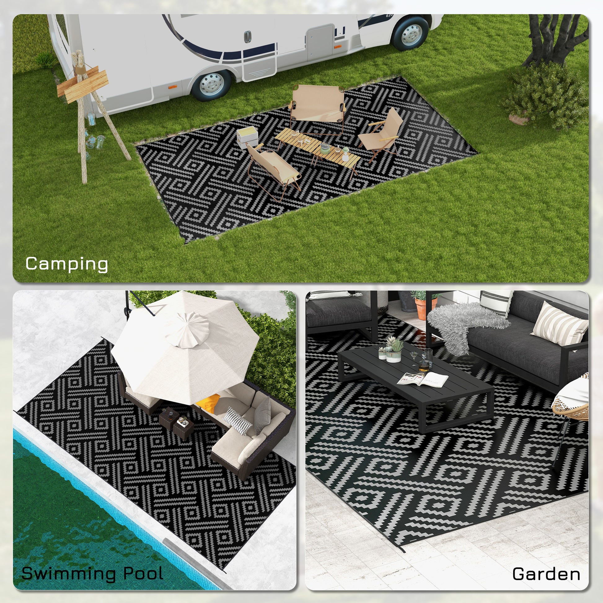 Outsunny Reversible Outdoor Rug, 9' X 18' Waterproof Plastic Straw Floor Mat, Portable Rv Camping Carpet With Carry Bag, Large Floor Mat For Backyard, Deck, Picnic, Beach, Black & Gray Geometric Multicolor Polypropylene